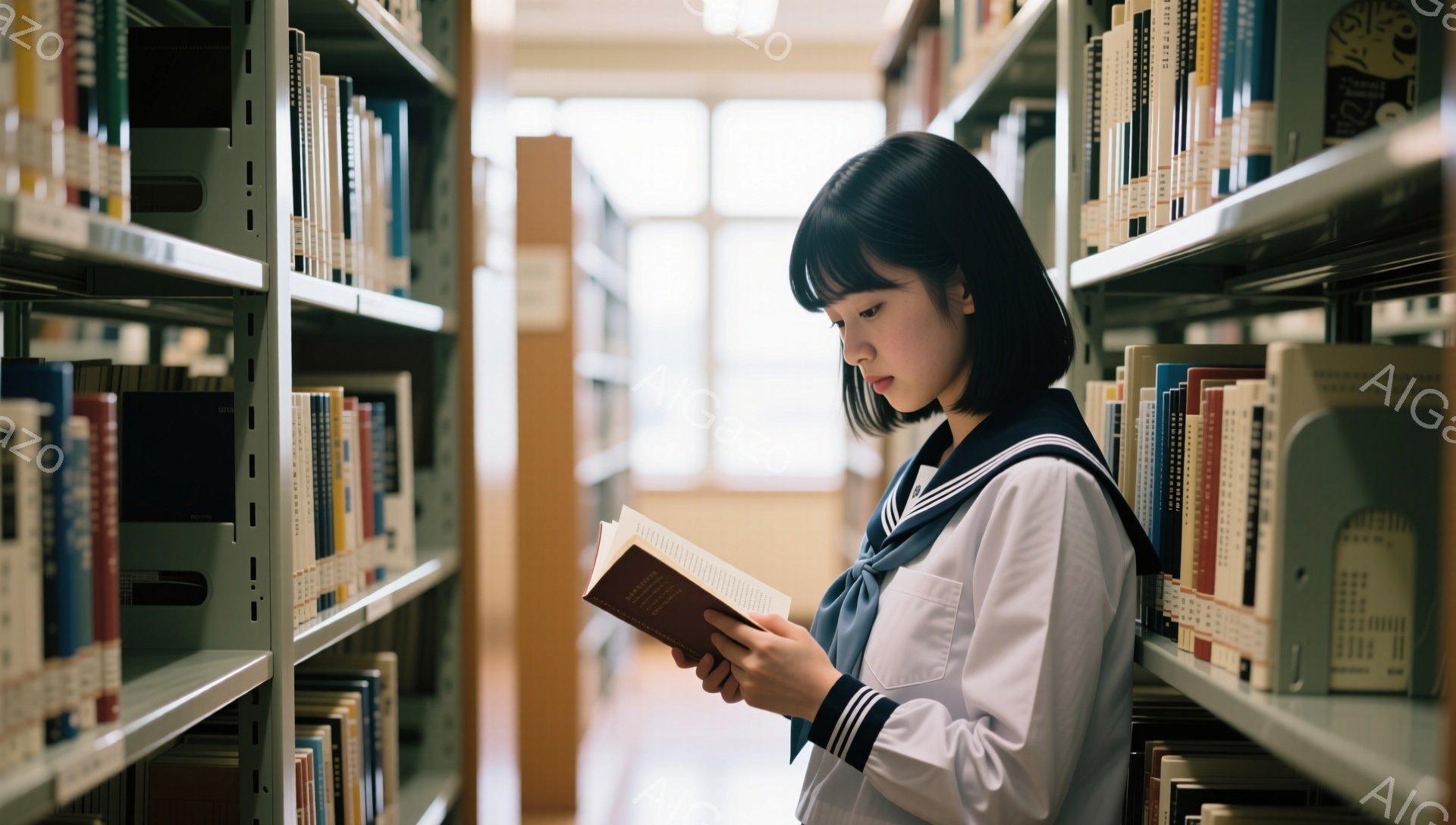 図書館の本棚の前で、セーラー服を着た若い女性が本を読んでいる。彼女は黒髪で、前髪が目に少しかかっている。姿勢は軽く前かがみで、集中して読書に没頭している様子がうかがえる。 - AI生成フリー素材
