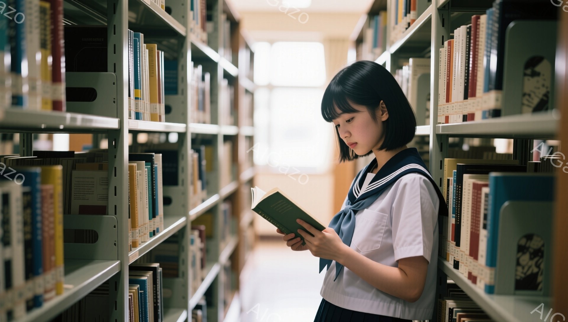 図書館の棚の間で、セーラー服を着た若い女性が本を読んでいます。彼女は黒髪で、前髪が目に少しかかっています。姿勢は軽く前かがみで、集中して読書に没頭している様子がうかがえます。 - AI生成フリー素材