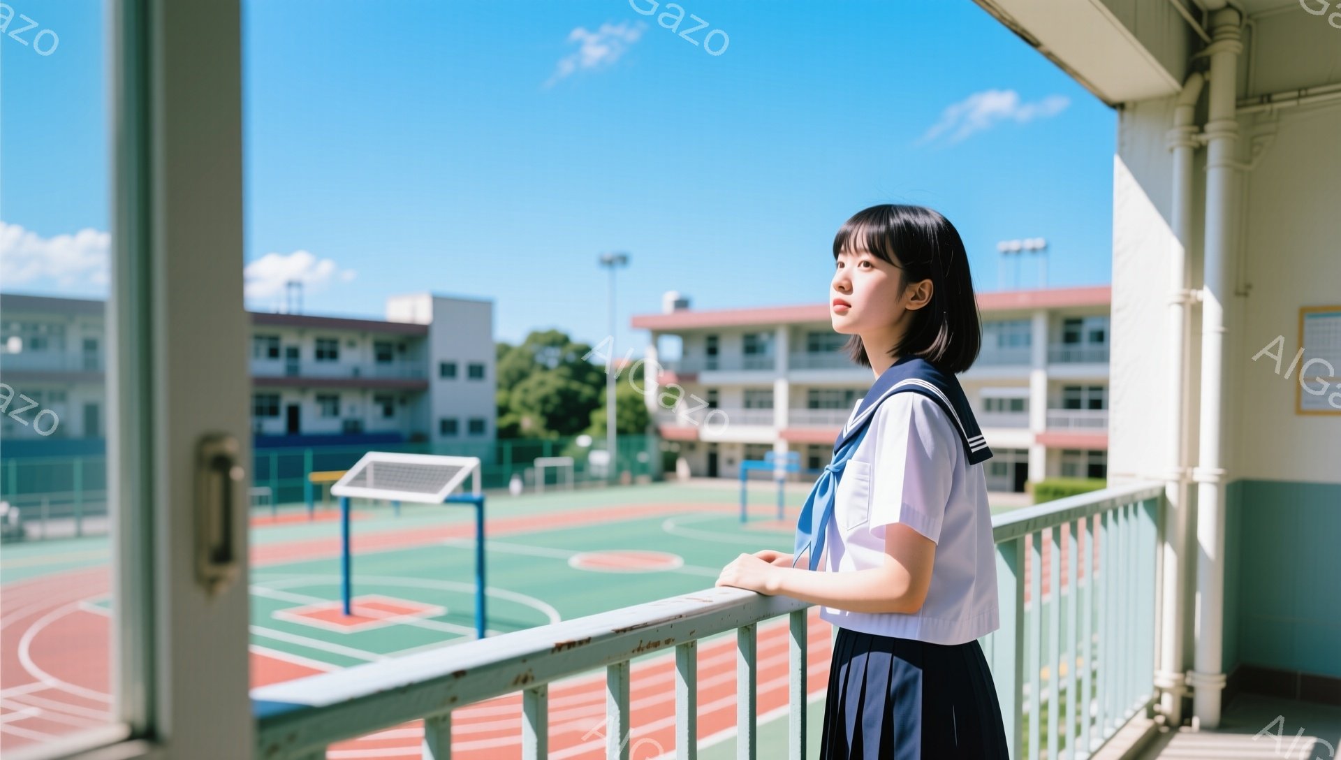 制服姿の女子学生が、学校のバルコニーに寄りかかって遠くを見つめている。紺色の短い髪と白いブラウス、水色のリボンが特徴的で、少し物憂げな表情をしている。背景には、緑と赤のトラックと、多階建ての校舎、そして晴れた青空が広がり、穏やかで少し寂しげな雰囲気が漂う。