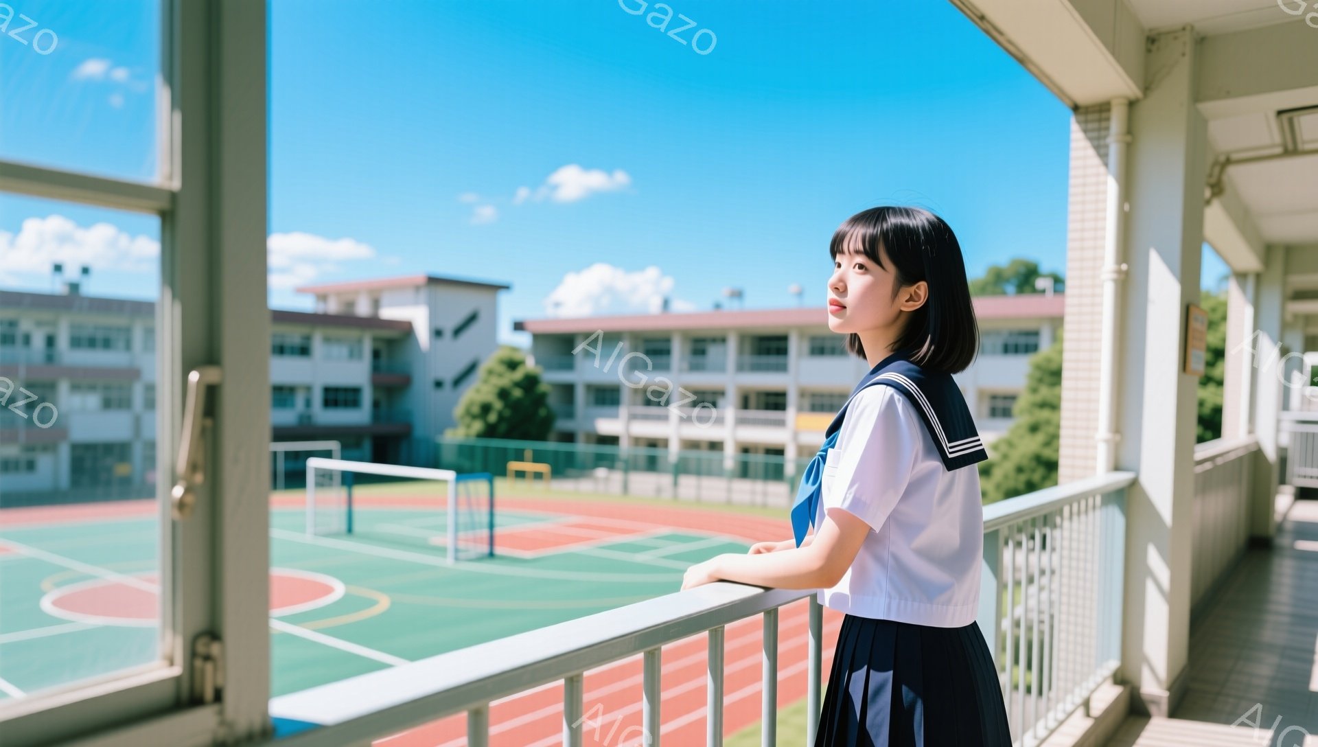 制服を着た若い女性が、学校のバルコニーの手すりに寄りかかって立っている。彼女は短くダークブラウンのヘアスタイルで、少し物憂げな表情を浮かべて遠くを見ている。背景には緑の芝生と赤いトラックのある学校の運 - AI生成フリー素材