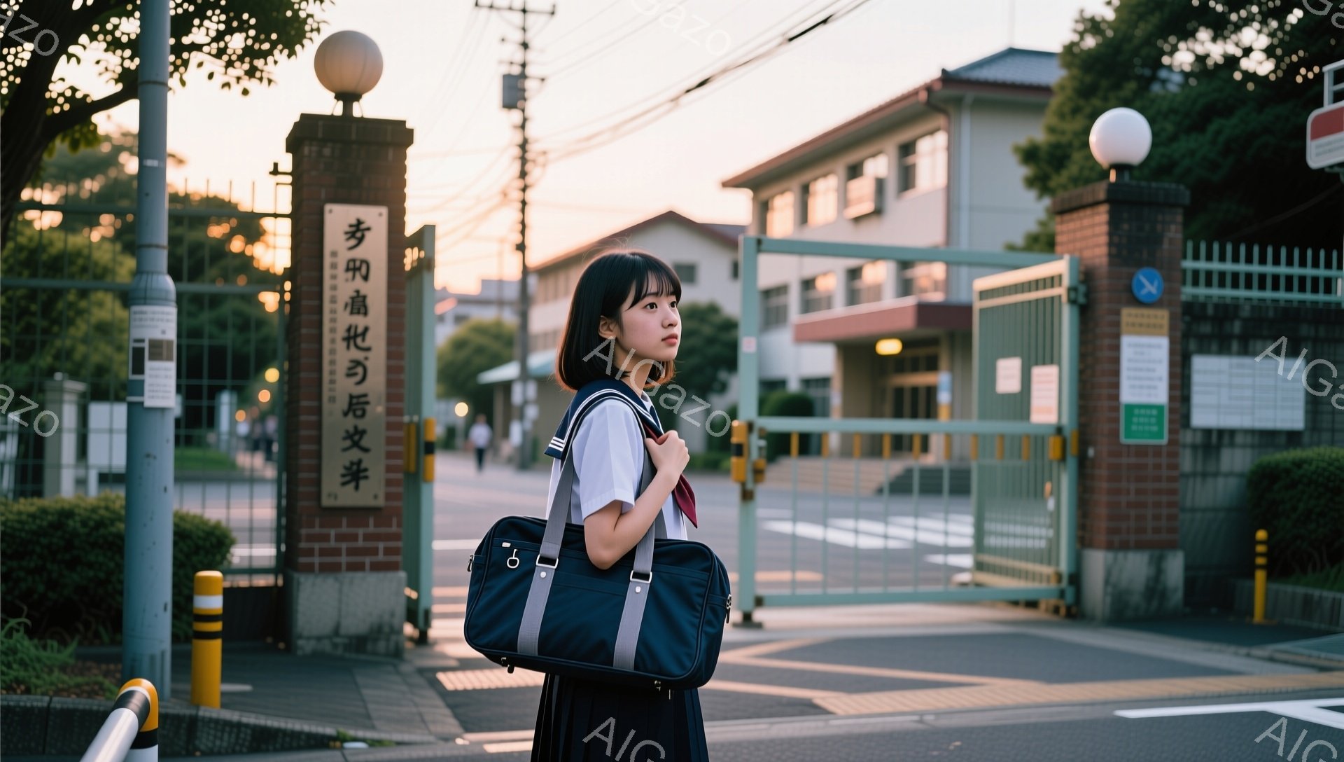 画像には、制服を着た女子学生が写っています。彼女は黒髪のボブヘアで、少し横を向いてどこかを見つめており、表情は少し憂いを帯びています。背景には、レンガ造りの門と学校の建物が見え、夕暮れ時の空が広がっており、どこか懐かしい雰囲気が漂っています。