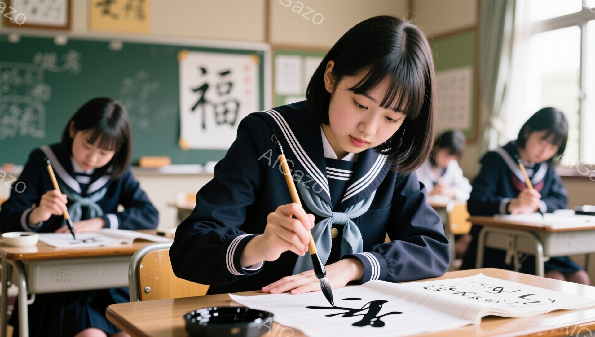 制服を着た女子学生たちが書道に取り組んでいる様子が写っている。彼女たちは皆、紺色のセーラー服を着ており、髪を短く整えている。教室の黒板には漢字が書かれ、集中した雰囲気が漂っている。 - AI生成フリー素材