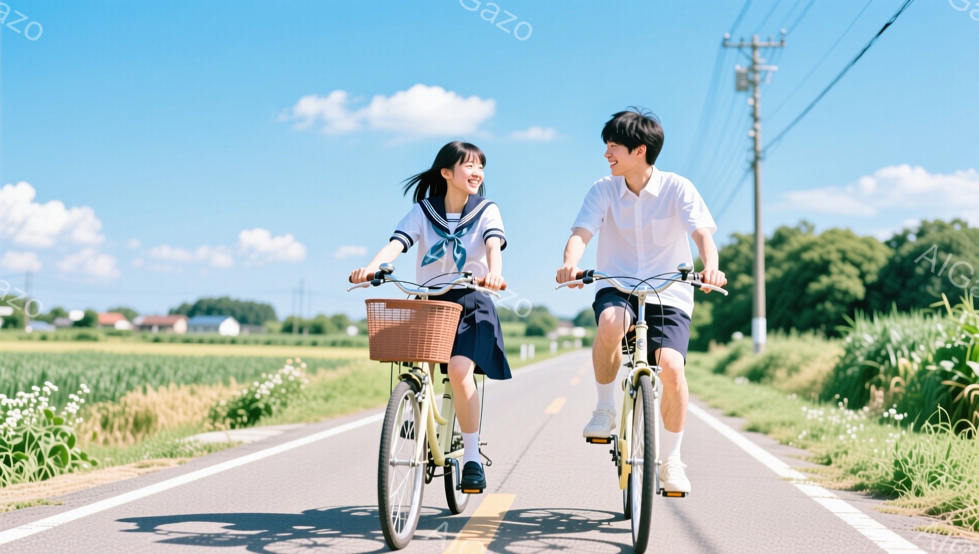 制服を着た女子高生と男子高校生が、田舎道を自転車で並んで走っている。女子高生は緑色の自転車に乗り、紺色のリボンとスカート、白いブラウスを着て笑顔を見せている。背景には白い花が咲き乱れる畑と遠くの家々、そして青空が広がっており、爽やかで青春のような雰囲気が漂っている。