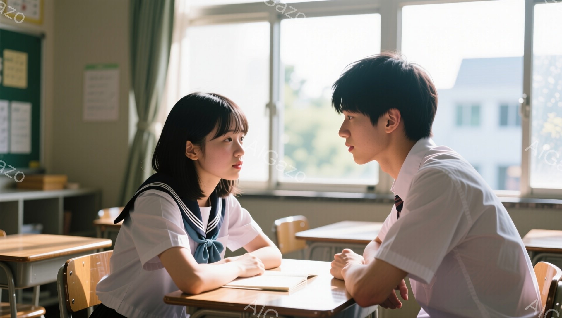 教室の中で、女子生徒と男子生徒が向き合って座っています。女子生徒は短い黒髪で、白いブラウスに濃い青色のセーラー服を着ており、やや眉間にしわを寄せた表情をしています。男子生徒は、白いシャツにネクタイ、黒いブレザーを着ており、女子生徒を見つめながら何かを語っているような姿勢です。