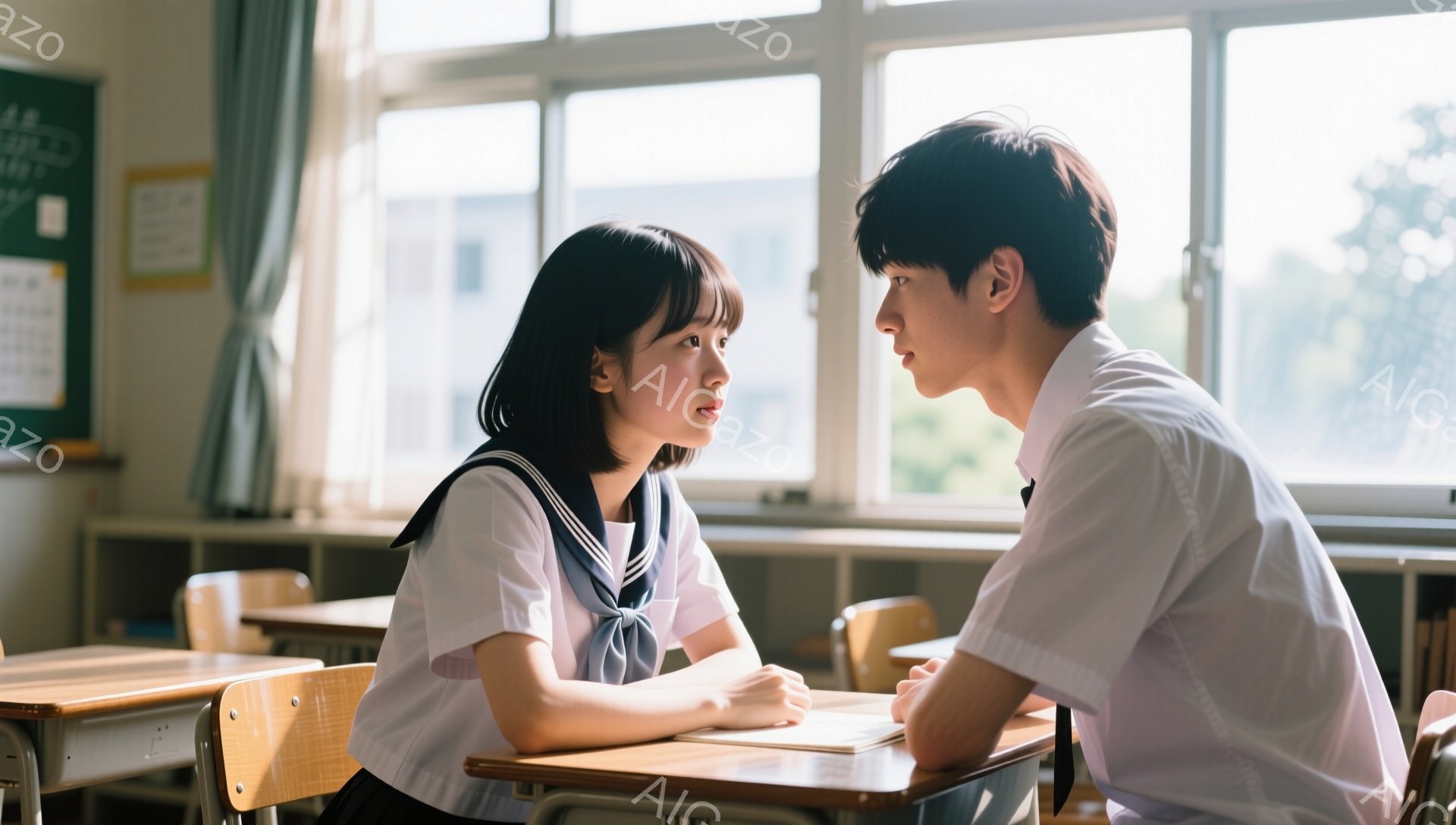 制服を着た女子学生と男子学生が教室で向き合って座っており、互いに視線を交わしている。女子学生は黒髪のボブヘアで、少し憂いのある表情をしている。教室は窓から光が差し込み、明るい雰囲気で、背景には他の机や棚が見える。