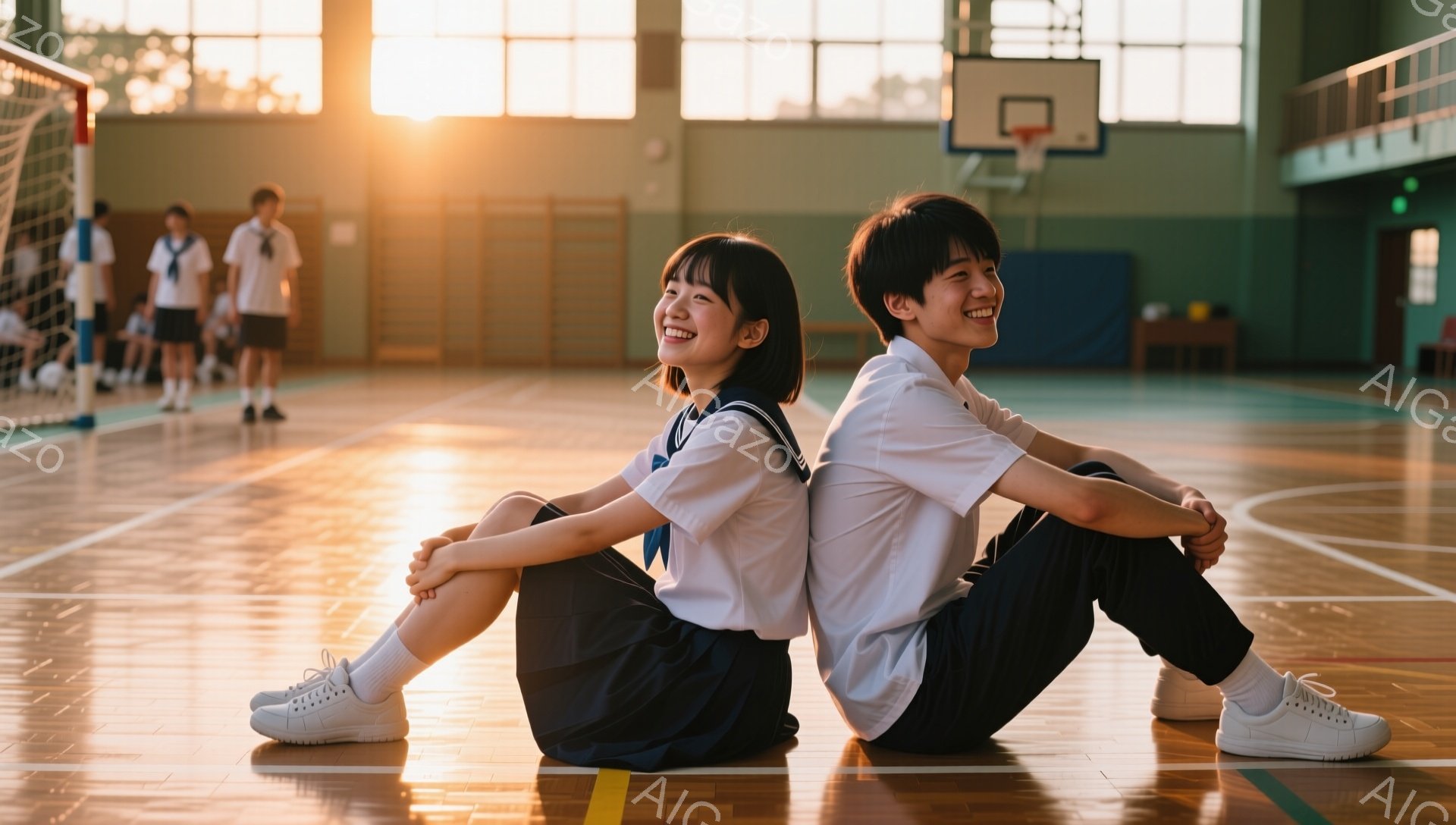 制服を着た男女の生徒が体育館の床に背中合わせに座っています。二人は笑顔で、制服は白シャツに紺のスカートまたはズボン、赤いリボンまたはネクタイです。体育館は明るく、夕日の光が差し込み、他の生徒たちが背景に見えます。