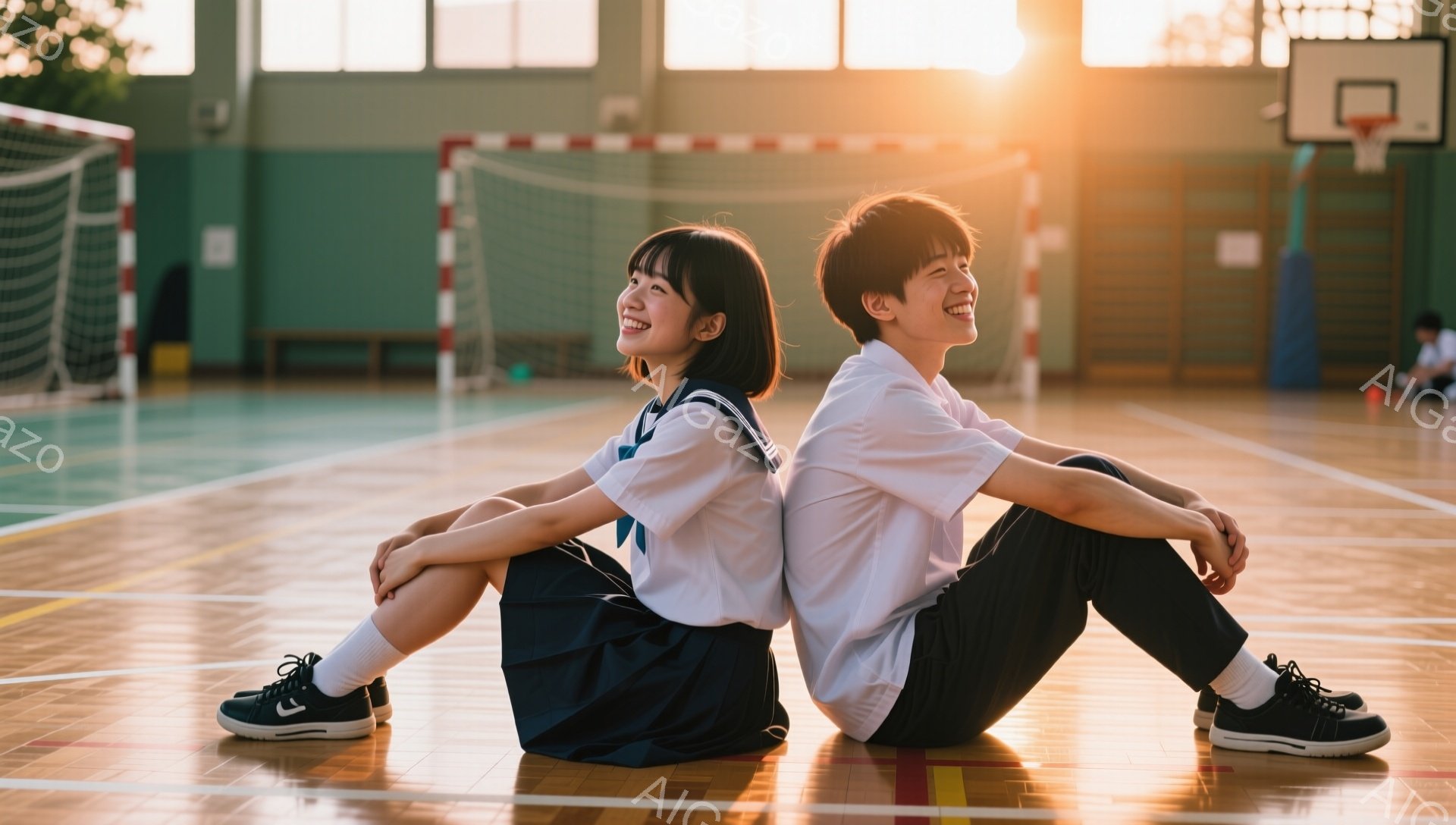 制服を着た男女が体育館の床に背中合わせに座っている。女性は黒髪のショートヘアで、笑顔を見せている。背景にはバスケットボールゴールとネットが見え、夕暮れのような暖かく柔らかな光が差し込んでいる。