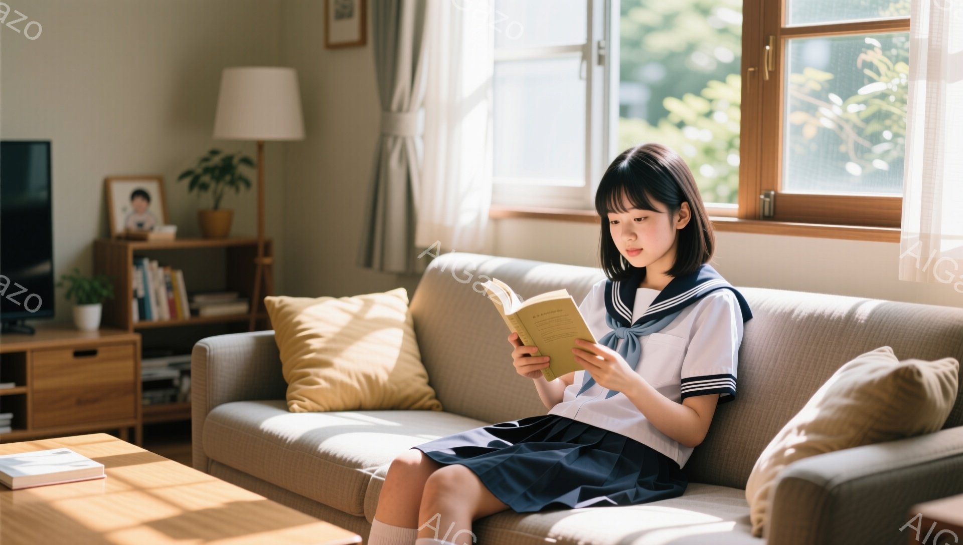 セーラー服を着た若い女性が、明るいリビングルームのソファに座って本を読んでいます。彼女は黒髪のボブヘアで、少し微笑んでいる表情をしています。背景には木製の棚、観葉植物、そして自然光が差し込む窓が見え、温かく穏やかな雰囲気が漂っています。