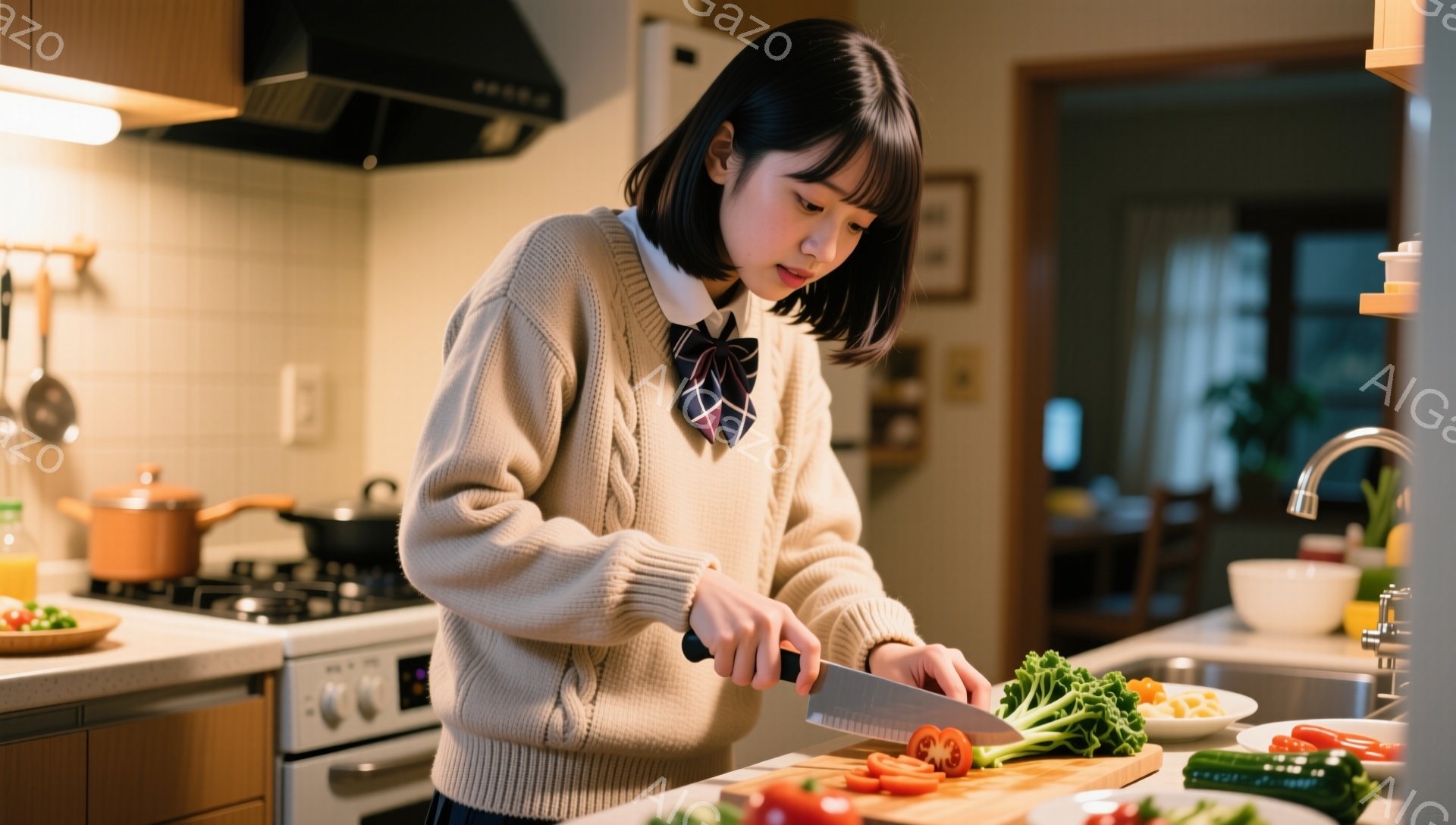 明るいキッチンで、若い女性が野菜を切っています。彼女はベージュのセーターにネクタイをしており、ダークブラウンのショートヘアをしています。真剣な表情で、まな板の上の野菜に集中して包丁を振るっています。