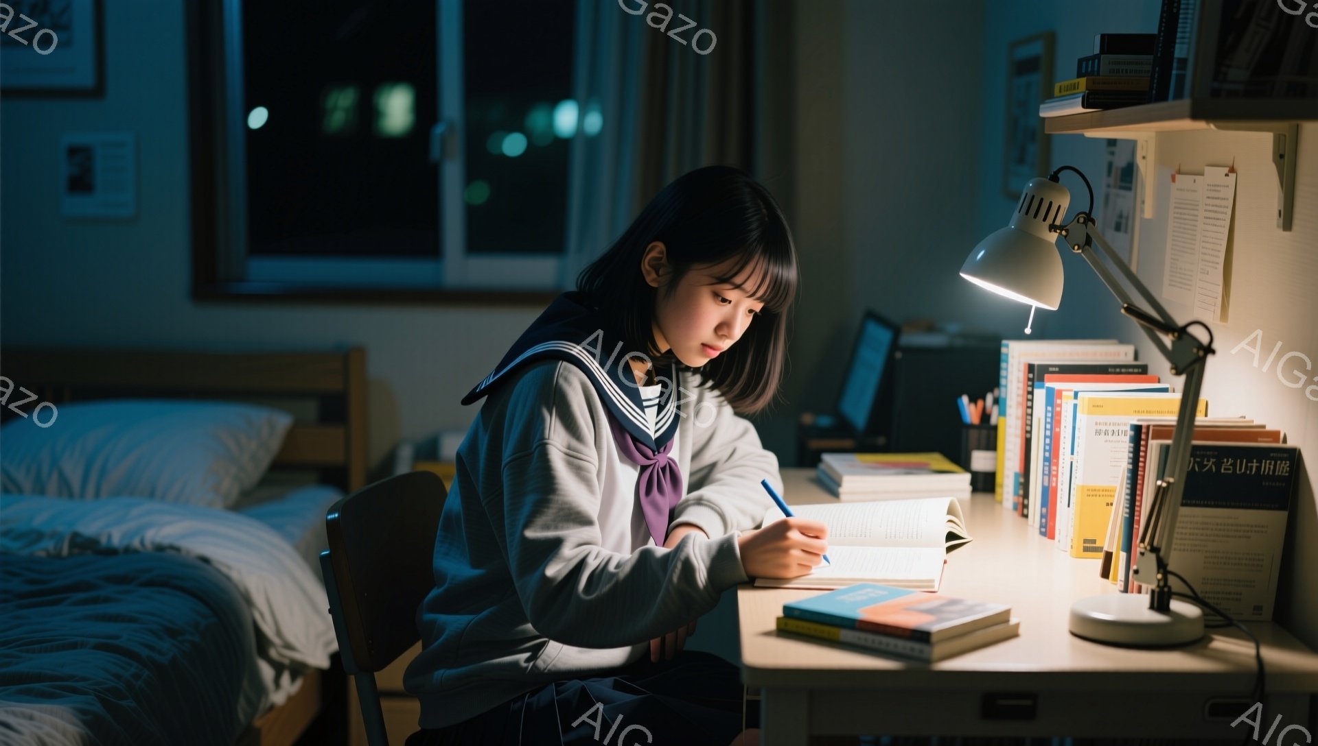 制服を着た若い女性が、ベッドサイドの机で勉強している様子が写っています。彼女は肩までの長さの黒髪で、少しうつむき加減で教科書に集中しており、真剣な表情をしています。部屋は薄暗く、机の上には本やノートが積み重ねられ、勉強に励む夜の静かな雰囲気が漂っています。