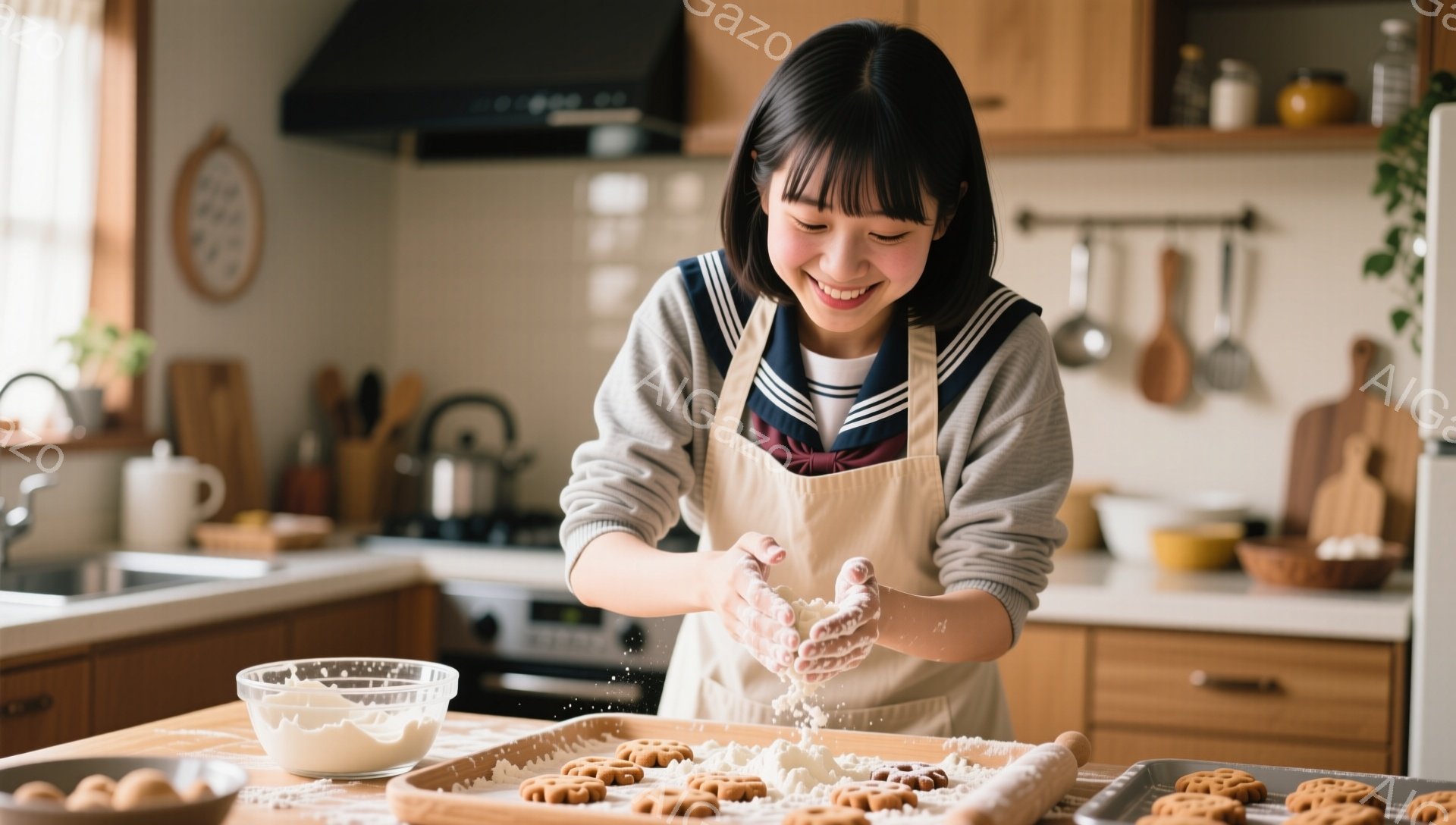 明るいキッチンで、エプロンを着た若い女性が小麦粉を手に擦り合わせています。彼女は短い黒髪で、笑顔で楽しそうにクッキー作りに取り組んでいます。背景には木製のキャビネットや調理器具が並び、温かく家庭的な雰囲気が漂っています。