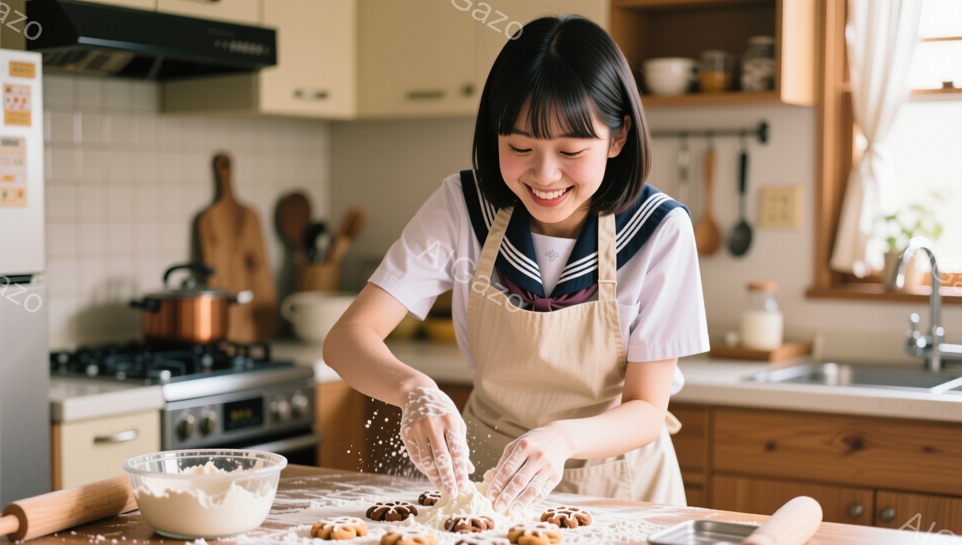 短い黒髪の女性がキッチンで小麦粉をまきながらクッキーを作っています。彼女は白いブラウスと茶色のエプロンを着ており、楽しそうな笑顔を浮かべています。背景には、調理器具や食器が並んだ明るく清潔感のあるキッチンが見え、温かい家庭的な雰囲気が漂っています。