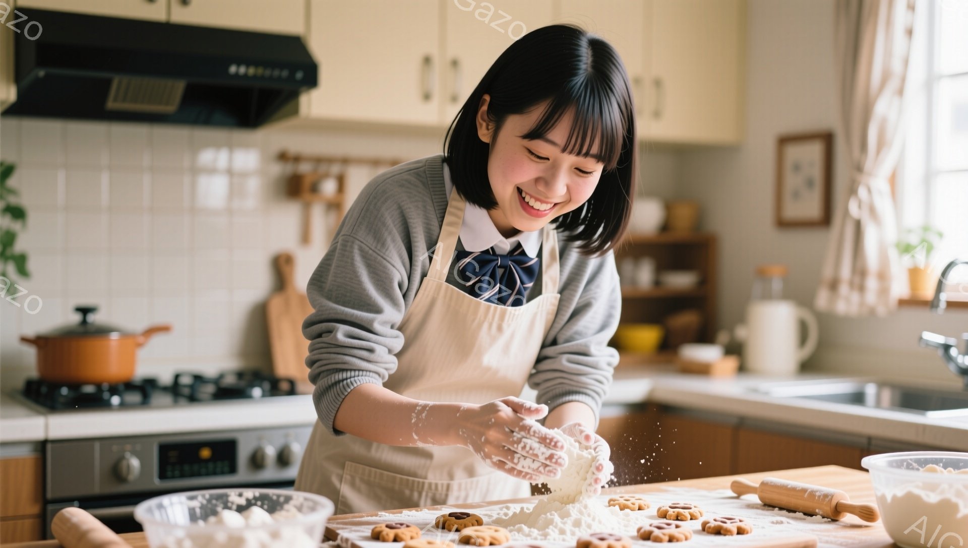 茶髪の若い女性がエプロンを着て、キッチンでクッキー作りに夢中になっている。彼女は小麦粉を両手に擦り合わせ、楽しそうに微笑んでいる。背景には、清潔なキッチン、ガスコンロ、キャビネット、そして自然光が入る窓が見え、温かく幸せな雰囲気が漂う。