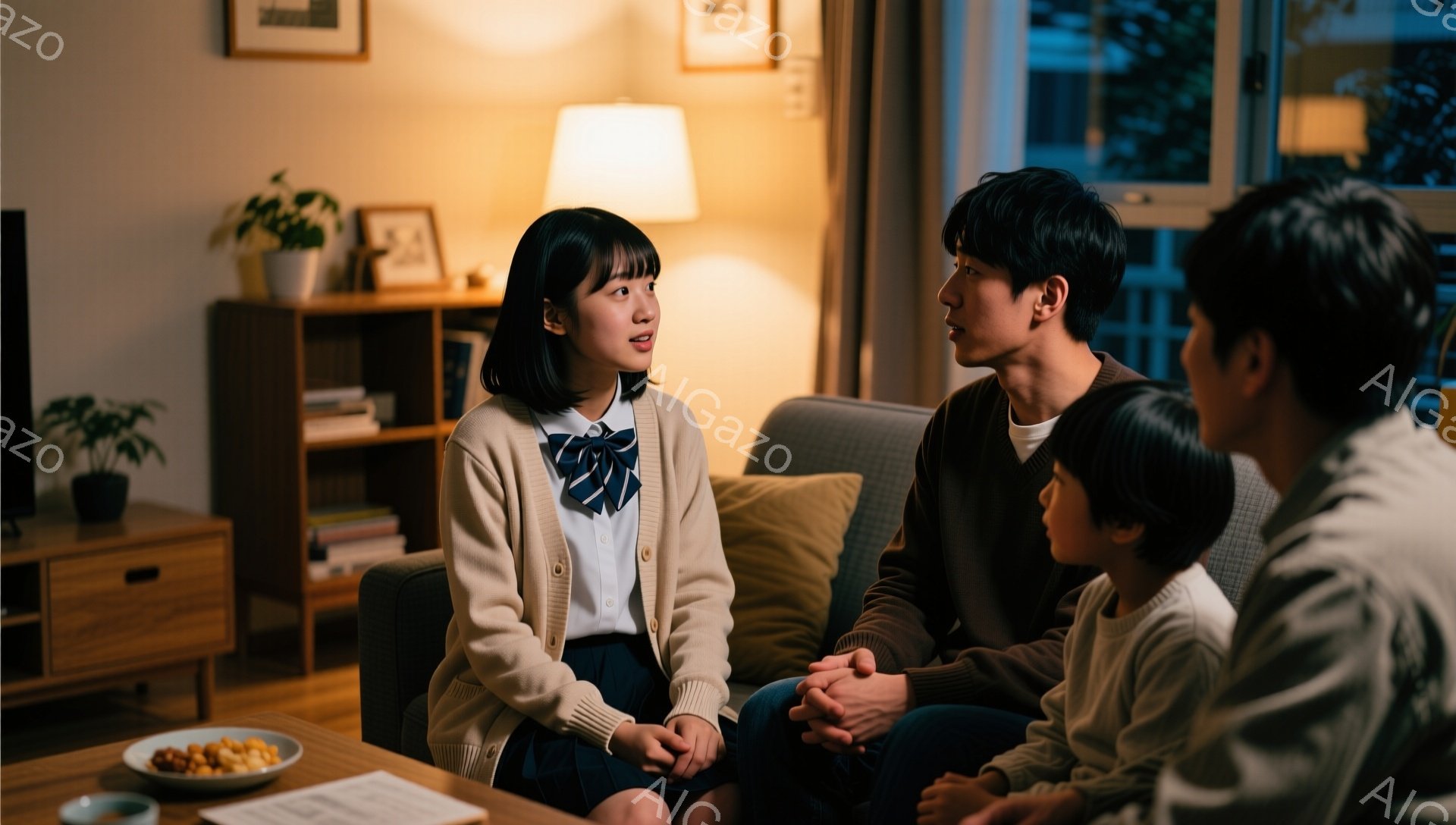 リビングルームで、女子高生と思しき少女が制服にカーディガンを着て、少し緊張した表情で何かを話しています。彼女の向かいには、男性が穏やかな表情で彼女の話を聞いており、その隣には別の少年が座っています。背景には木製の棚や観葉植物が見え、室内は暖色系の照明で照らされ、温かく家庭的な雰囲気です。