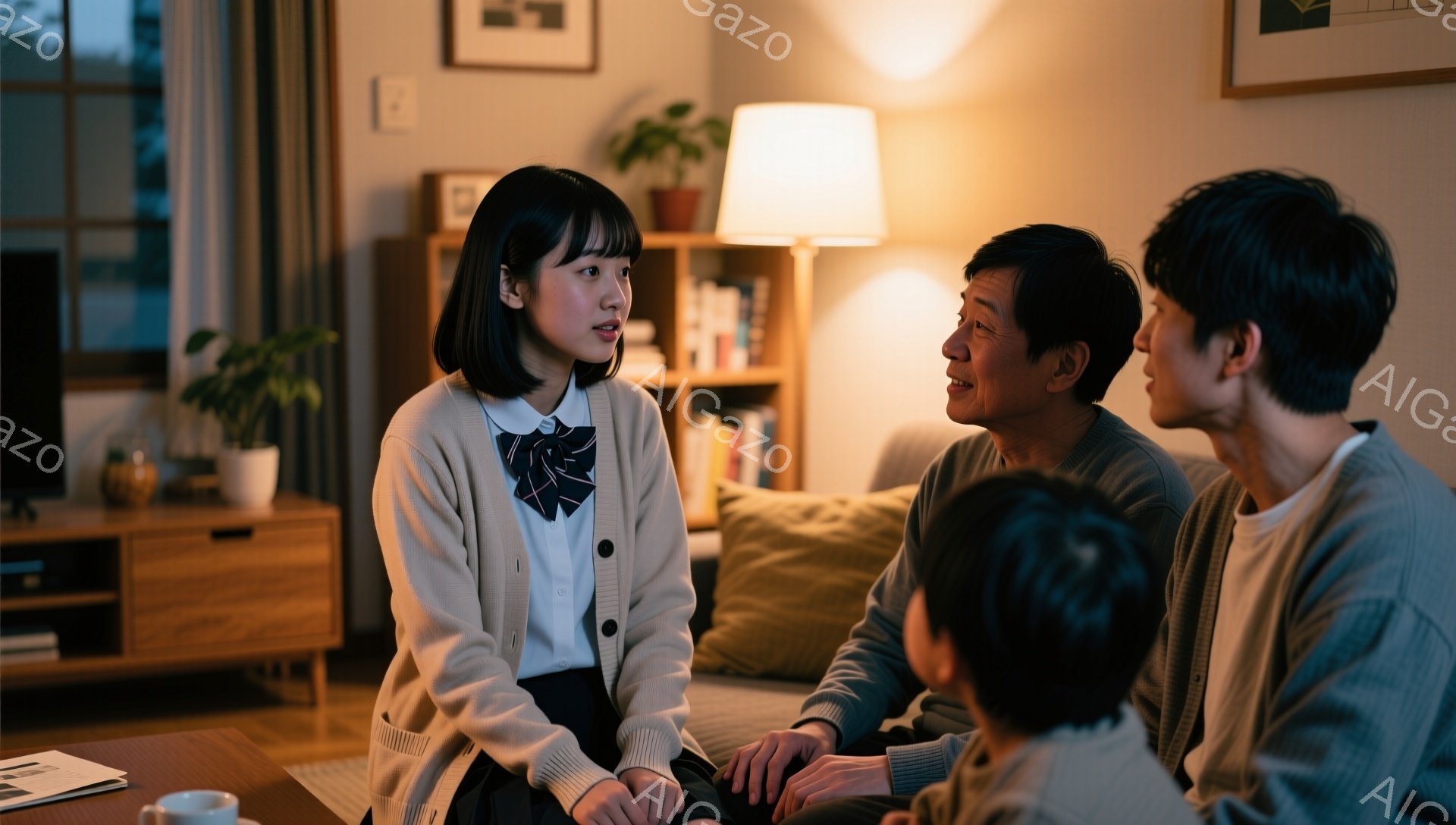 部屋のソファに座っている家族の様子が写っている。若い女性は制服にカーディガンを着ており、髪は短く、顔は少し緊張した表情をしている。年配の男性と別の若い女性はリラックスした姿勢で彼女に話しかけており、背景には木製のキャビネットや植物、暖色の照明がある。