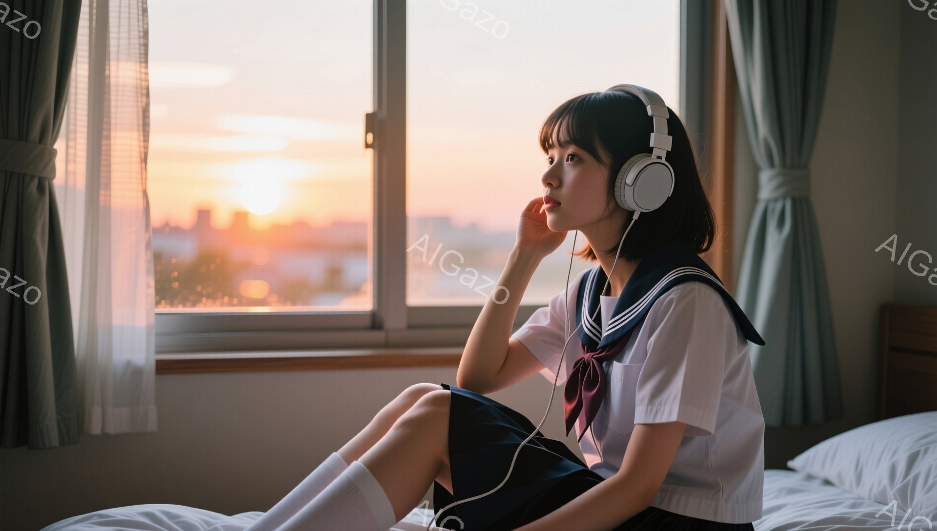 制服を着た少女が、ベッドに座って窓の外を眺めている。彼女はヘッドホンをしており、少し物憂げな表情で夕焼け空を見つめている。背景には都市の景色が広がり、暖色系の光が部屋全体を柔らかく照らしている。