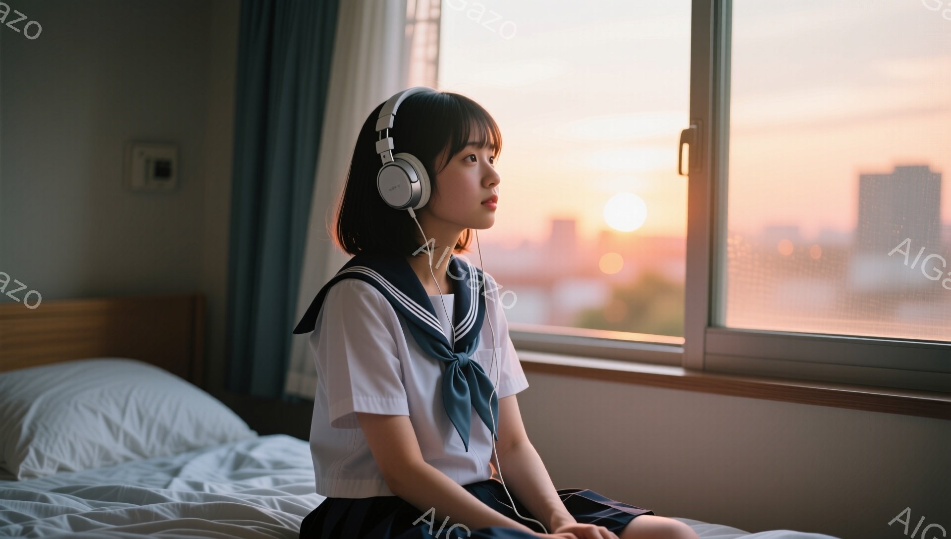 短い黒髪の少女が、ベッドに座って窓の外を見つめている。彼女は学校の制服、紺色のリボンとプリーツスカートを身に着け、ヘッドホンをかけている。窓の外には夕焼けの空と都市の風景が広がり、室内は落ち着いた雰囲気である。