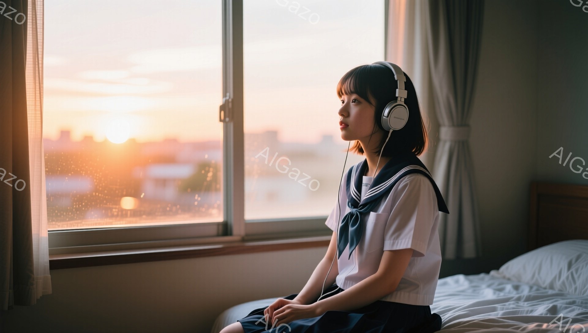 制服姿の若い女性が窓際に座り、ヘッドホンを付けて外を見つめている。彼女は黒髪で、少し憂いを帯びた表情をしている。窓の外には夕焼け空が広がり、遠くの建物がシルエットとして見える。