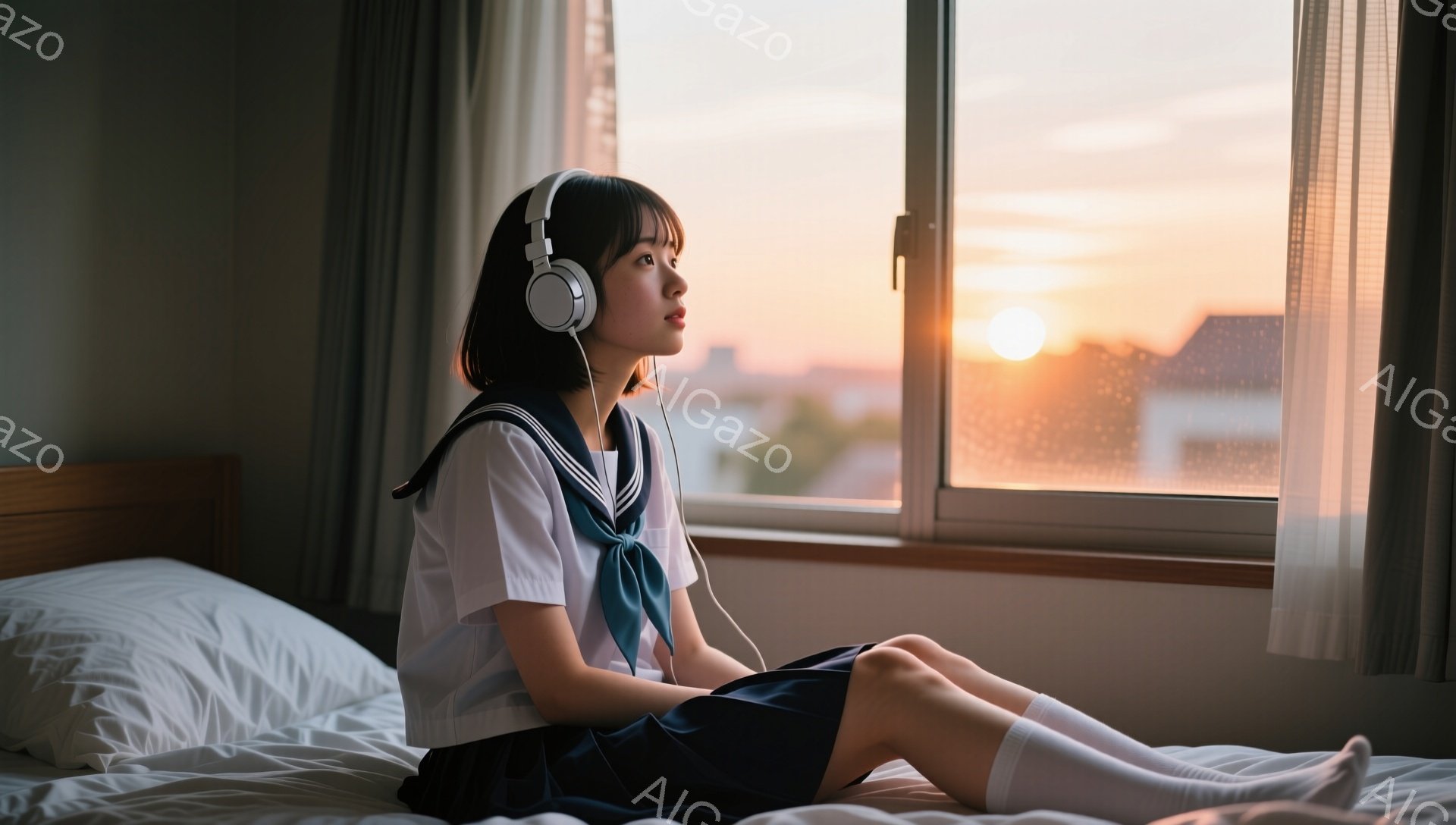 制服を着た少女がベッドに座り、ヘッドホンで音楽を聴いている。彼女は膝を曲げ、窓の外の夕焼けを物憂げな表情で見つめている。窓の外には都市の建物が並び、空はオレンジ色とピンク色のグラデーションで染まっている。