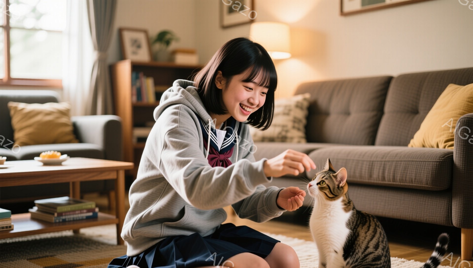 若い女性が膝をついて、縞模様の猫と遊んでいます。彼女はグレーのパーカーと紺色のスカートを着ており、髪は肩まで届く長さで、笑顔で楽しそうに猫を見つめています。背景にはグレーのソファ、本棚、そして窓から差し込む穏やかな光があり、暖かく家庭的な雰囲気を醸し出しています。