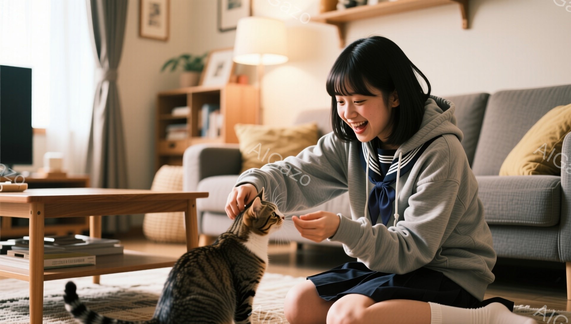 少女は膝をついて、縞模様の猫と遊んでいます。彼女はセーラー服を着ており、髪は短く、笑顔で顔を輝かせています。背景には、ソファと本棚が見え、温かく居心地の良いリビングルームの雰囲気です。