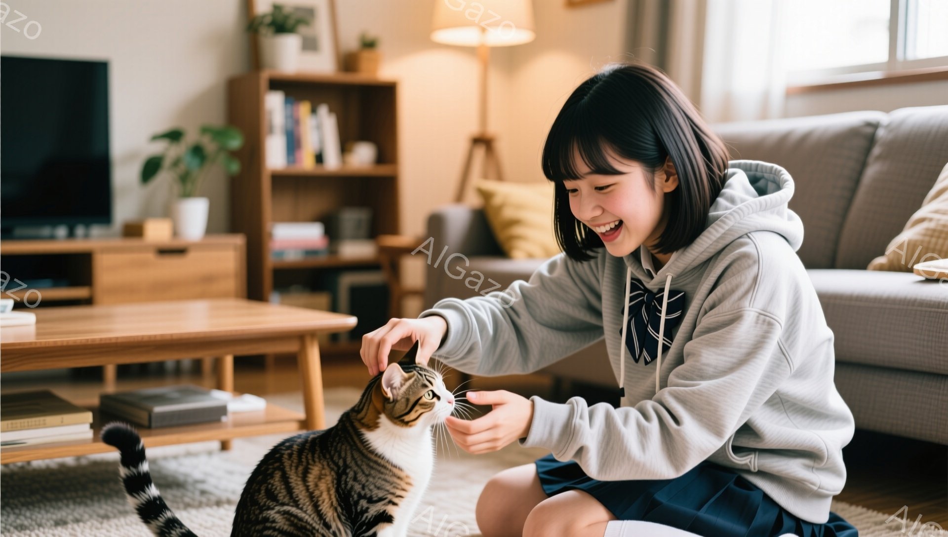若い女性が膝をついて、縞模様の猫を撫でています。彼女はグレーのパーカーと紺色のスカートを着ており、笑顔で髪をかき上げている様子です。背景には木製のテレビ台とソファ、そして植物が見え、明るく温かい家庭的な雰囲気が漂っています。