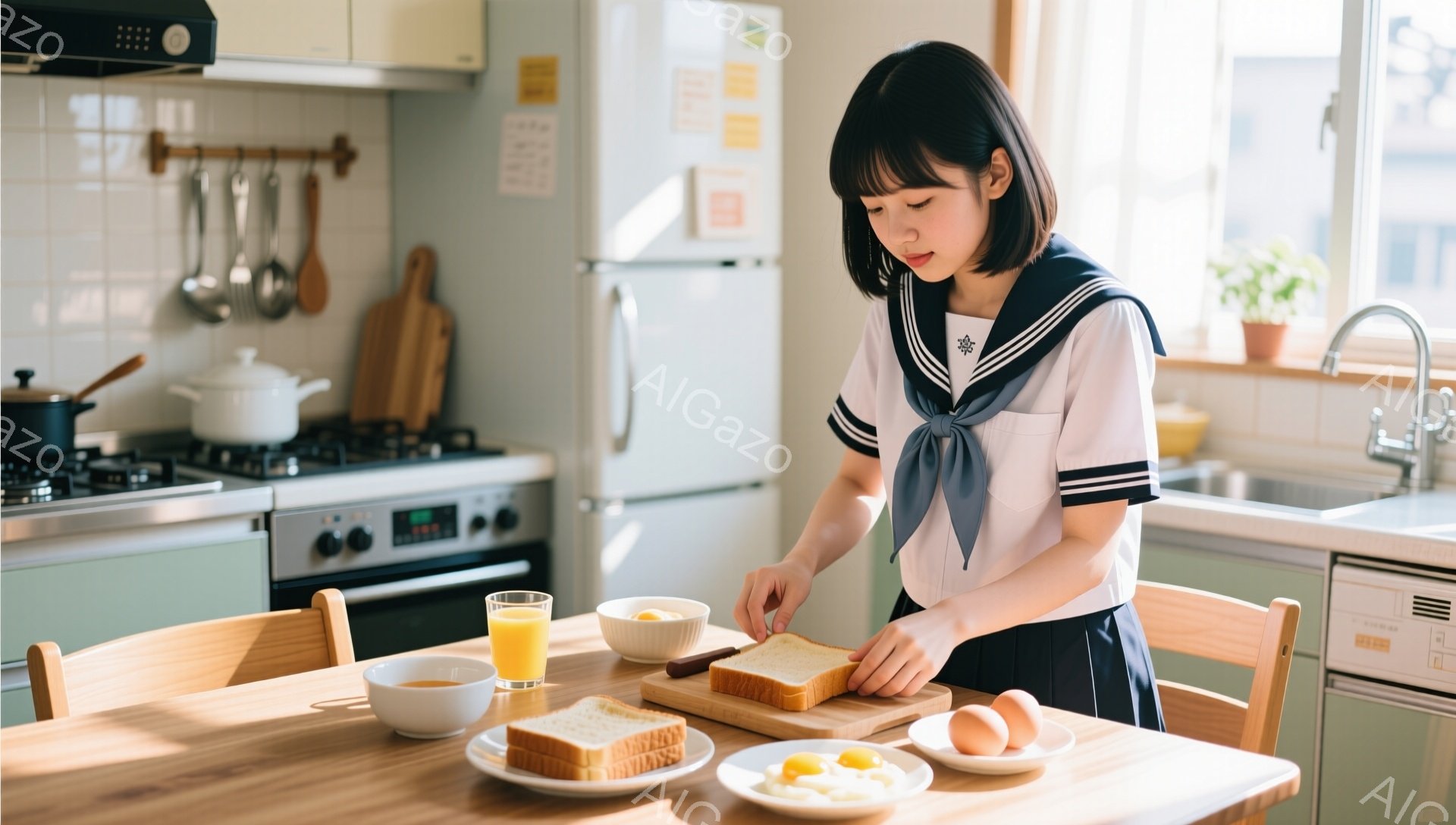 明るいキッチンで、セーラー服を着た少女がトーストに卵を塗っている。彼女は黒髪のショートヘアで、少しうつむき加減に集中した表情をしている。背景にはガスコンロ、冷蔵庫、シンクがあり、窓からは自然光が差し込み、穏やかな朝の雰囲気が漂っている。