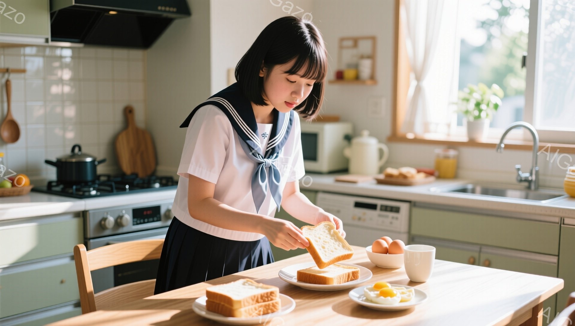 女子は制服を着て、トーストに何か塗っているところです。彼女は黒髪で前髪を少しカールさせており、集中した表情でパンを見つめています。背景には、緑色のキャビネットと白いタイルのキッチンがあり、温かく家庭的な雰囲気です。