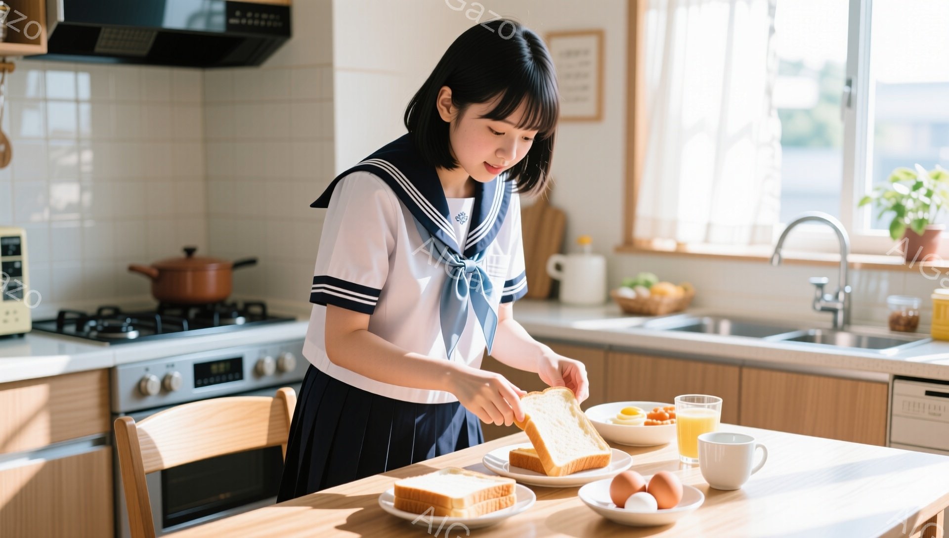 制服を着た若い女性がキッチンでトーストに何かを塗っています。彼女は黒髪のショートボブで、少し微笑んでいます。背景には、清潔感のあるキッチンと窓から見える緑豊かな風景が見え、明るく穏やかな雰囲気です。