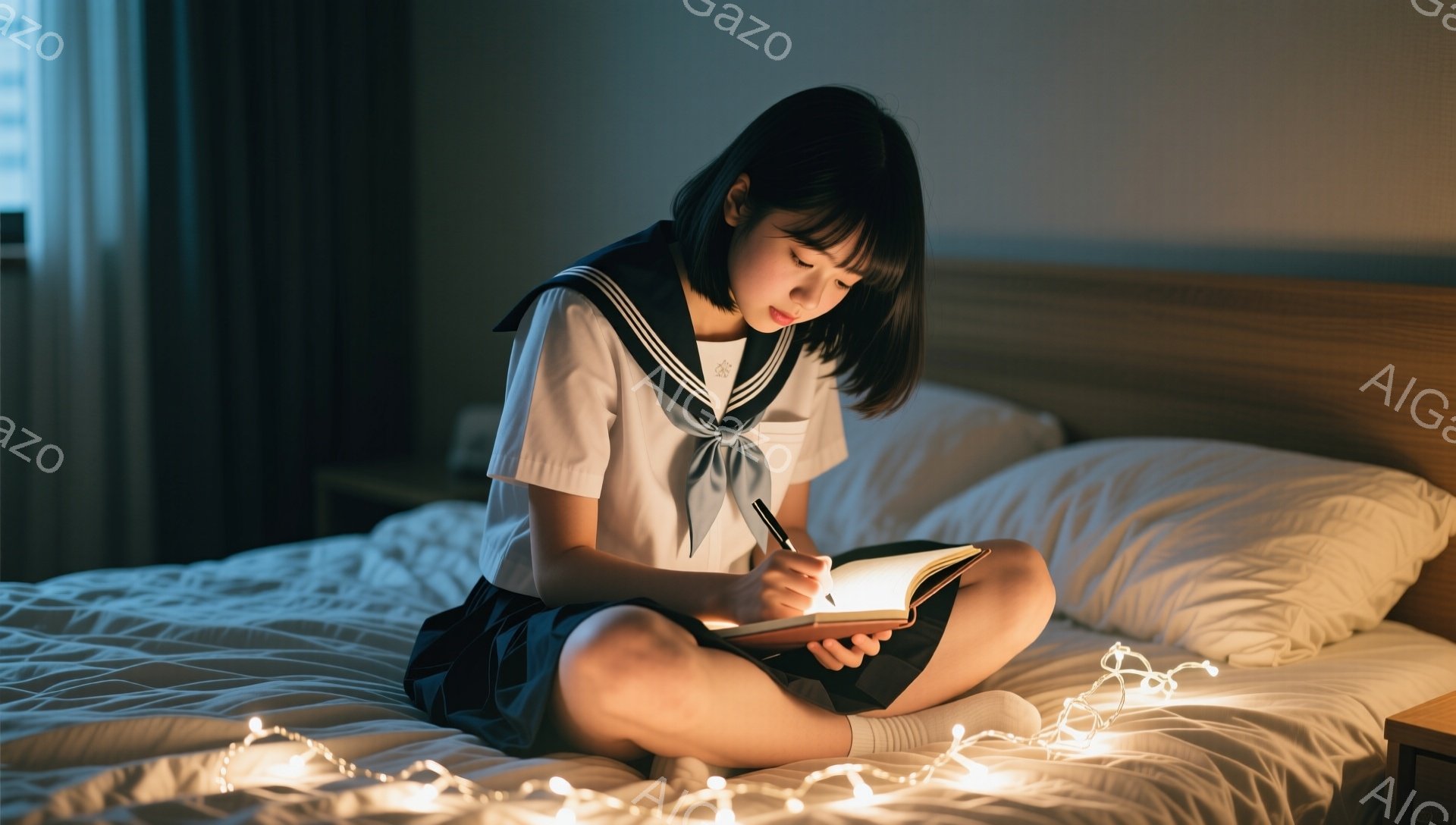 短い黒髪で前髪がぱっとしている少女が、白いブラウスと紺色のスカートの制服を着て、ベッドに座ってノートに何か書き込んでいる。彼女は真剣な表情で、集中してペンを動かしている。背景にはぼんやりと家具が見え、ベッドの周りには暖かい光を放つ小さな電飾が飾られ、静かで穏やかな雰囲気が漂っている。