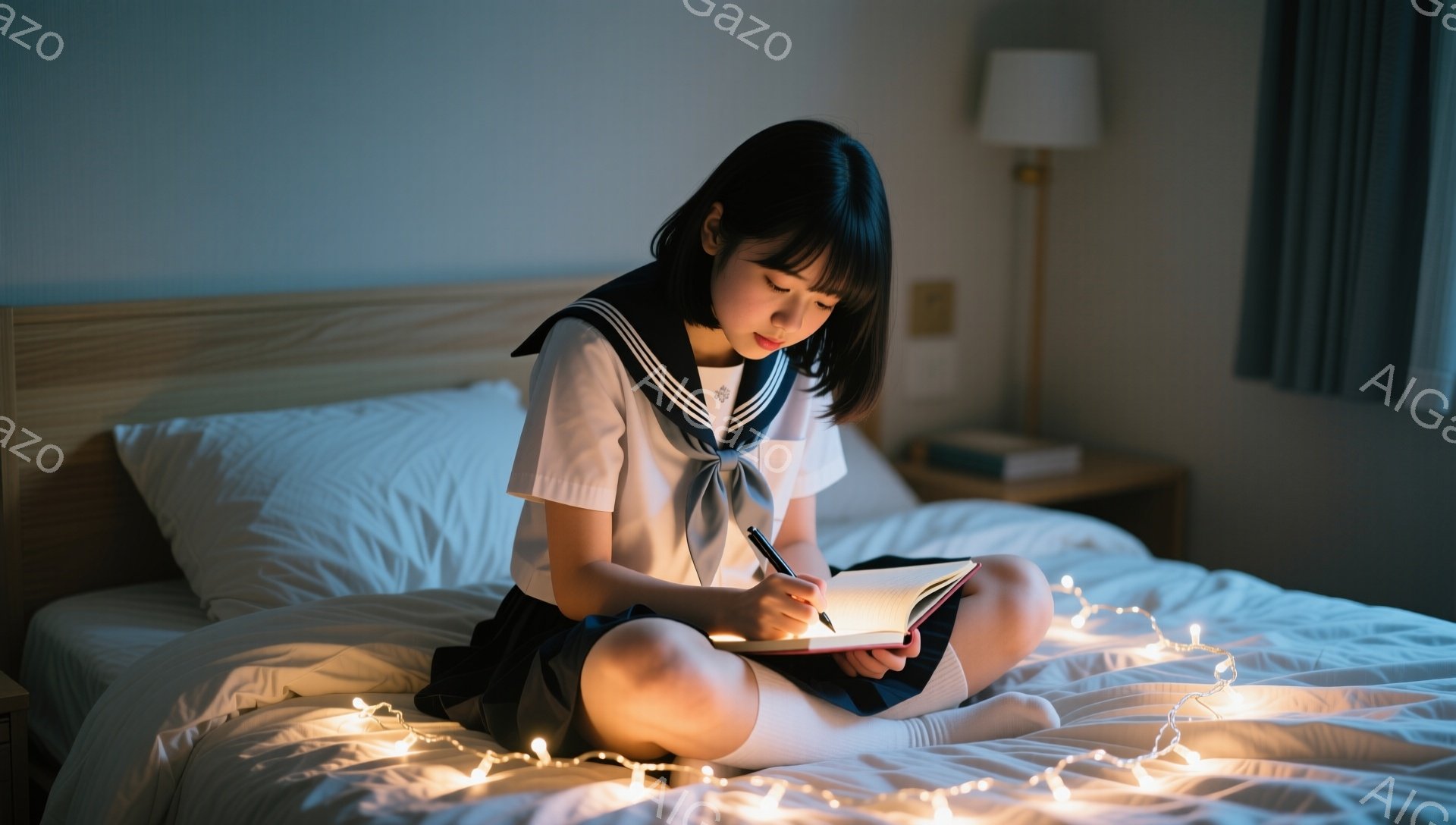 明るい髪の少女がベッドに座って、膝を抱え、ノートにペンで書き込んでいる。彼女はセーラー服を着ており、前髪を少し長めに残したヘアスタイルをしている。ベッドの周りには光るイルミネーションが散りばめられ、部屋全体が温かく、落ち着いた雰囲気になっている。