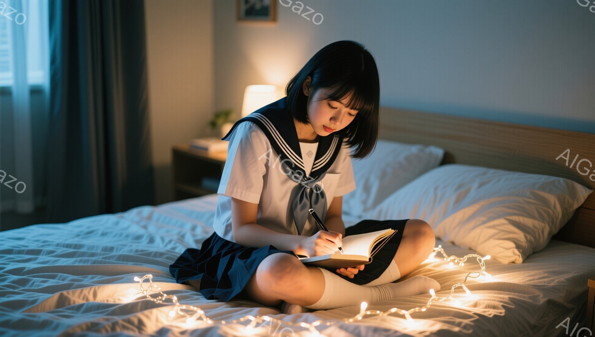 制服姿の若い女性がベッドに座り、膝の上でノートにペンで書き込んでいる。彼女は黒髪のショートボブで、わずかに微笑んでいるように見える。ベッドは白く、小さな電飾が周りに散りばめられ、部屋は柔らかい光で満たされている。