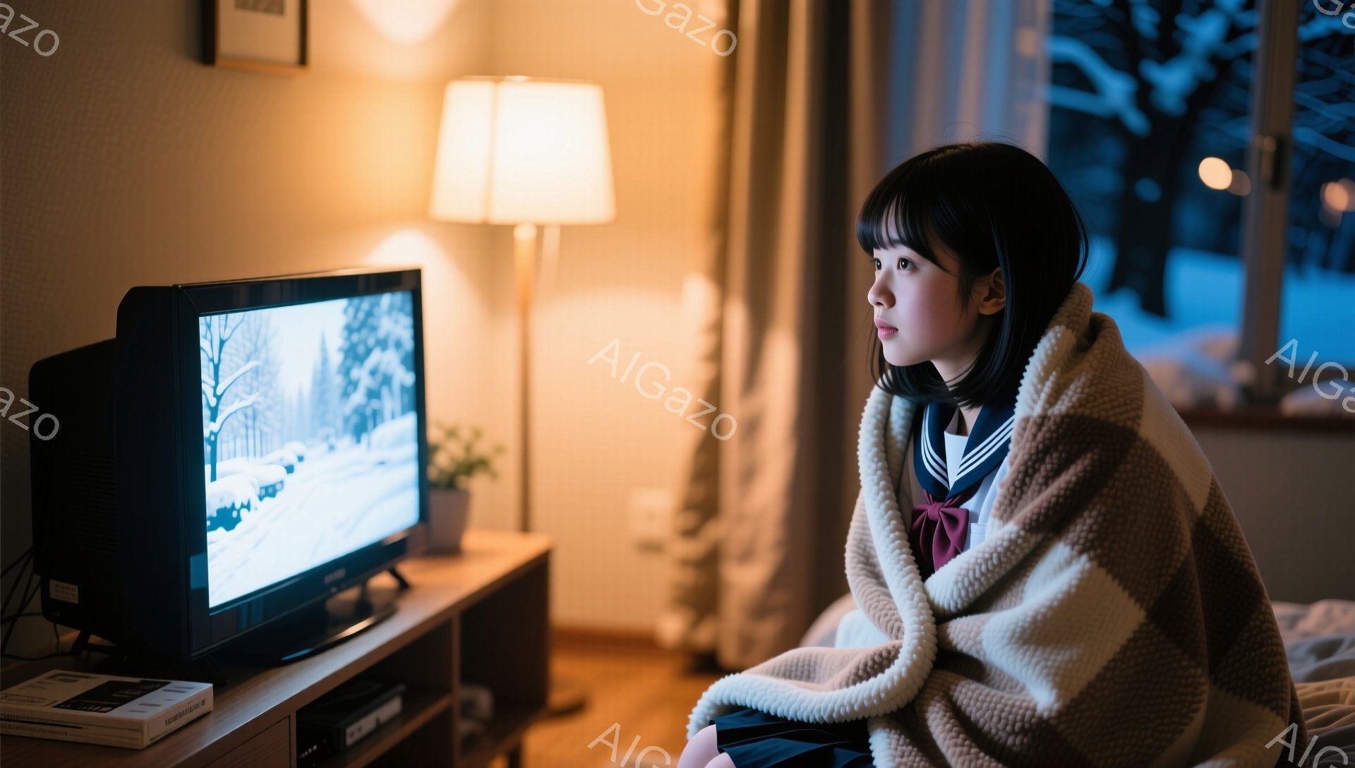 少女はテレビの前に座り、白いふわふわのブランケットに体を包んでいます。彼女は紺色のセーラー服を着ており、黒髪を肩まで伸ばし、静かに画面を見つめています。背景には薄暗い部屋と、雪景色が見える窓があり、暖かい光と外の寒さが対照的な、静かで穏やかな雰囲気です。