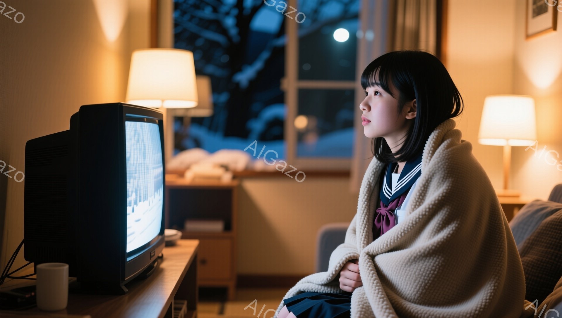 明るい色のセーターに身を包んだ少女が、古いテレビを見つめています。彼女は短く黒い髪で、少し寂しげな表情をしています。背景には薄暗い部屋と、雪が降る夜の窓が見え、温かい光と冬の寒さが混ざり合った静かな雰囲気が漂っています。