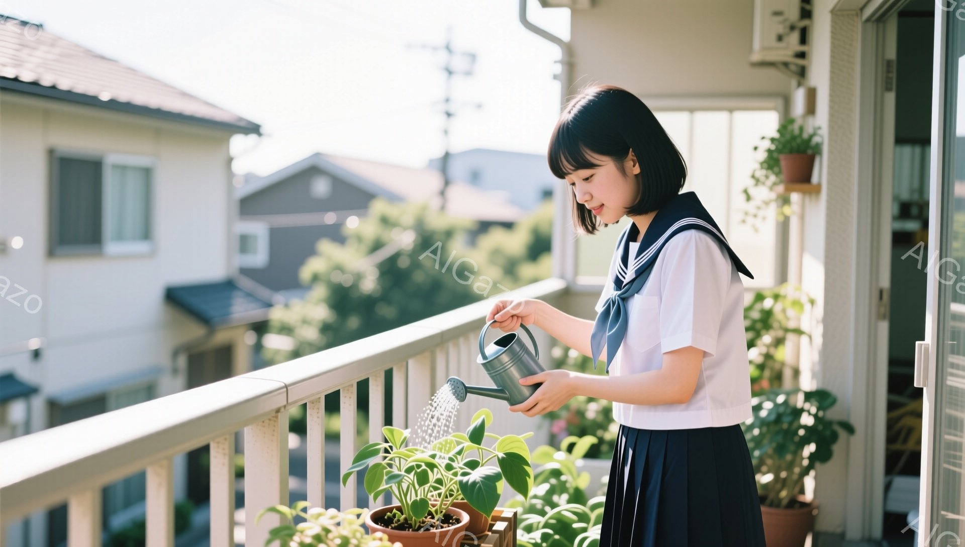 制服を着た女子学生が、バルコニーの手すりに寄りかかり、ジョウロで植物に水をやっています。彼女は黒髪で、前髪は眉毛にかかるくらいにカットされています。背景には住宅街が広がり、晴れた空と緑豊かな木々が見え、穏やかで家庭的な雰囲気が漂っています。