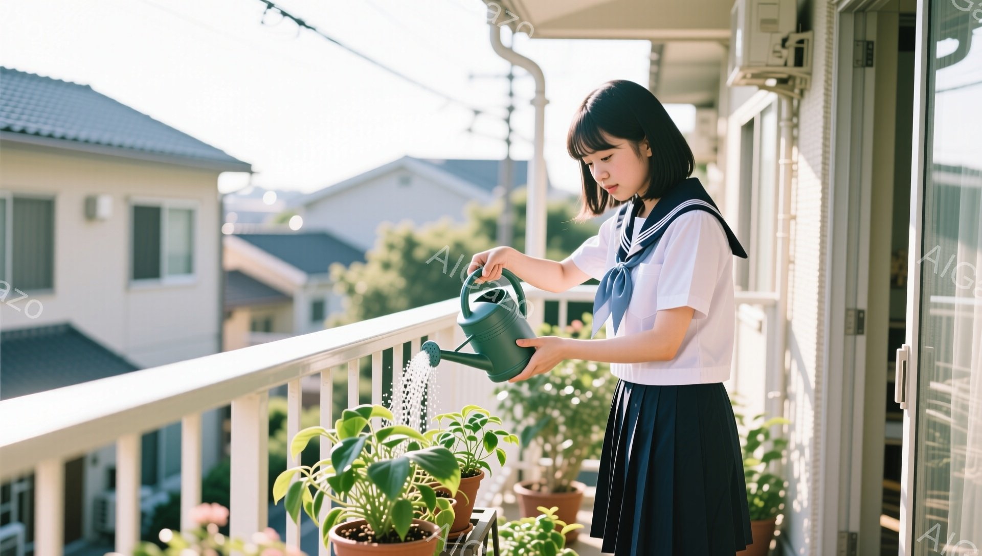 セーラー服を着た若い女性が、ベランダで植物に水をやっています。彼女は黒髪で前髪を少し長めに残し、集中した表情でジョウロを傾けています。背景には住宅街が広がり、晴れた空と緑が穏やかな雰囲気を醸し出しています。