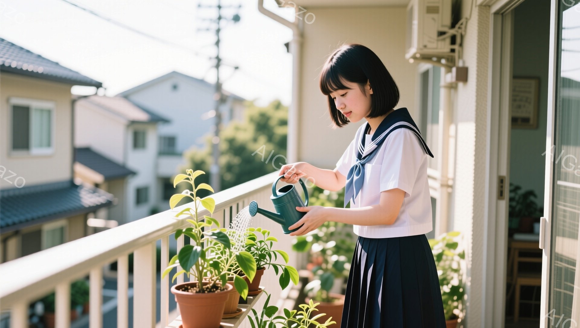 制服姿の女子学生が、バルコニーの手すりに寄りかかり、ジョウロで鉢植えの植物に水をやっています。彼女は黒髪のショートボブで、少し下を向いた表情をしており、穏やかな雰囲気が漂っています。背景には住宅街が広がり、晴天の下、緑豊かな植物がバルコニーを彩っています。