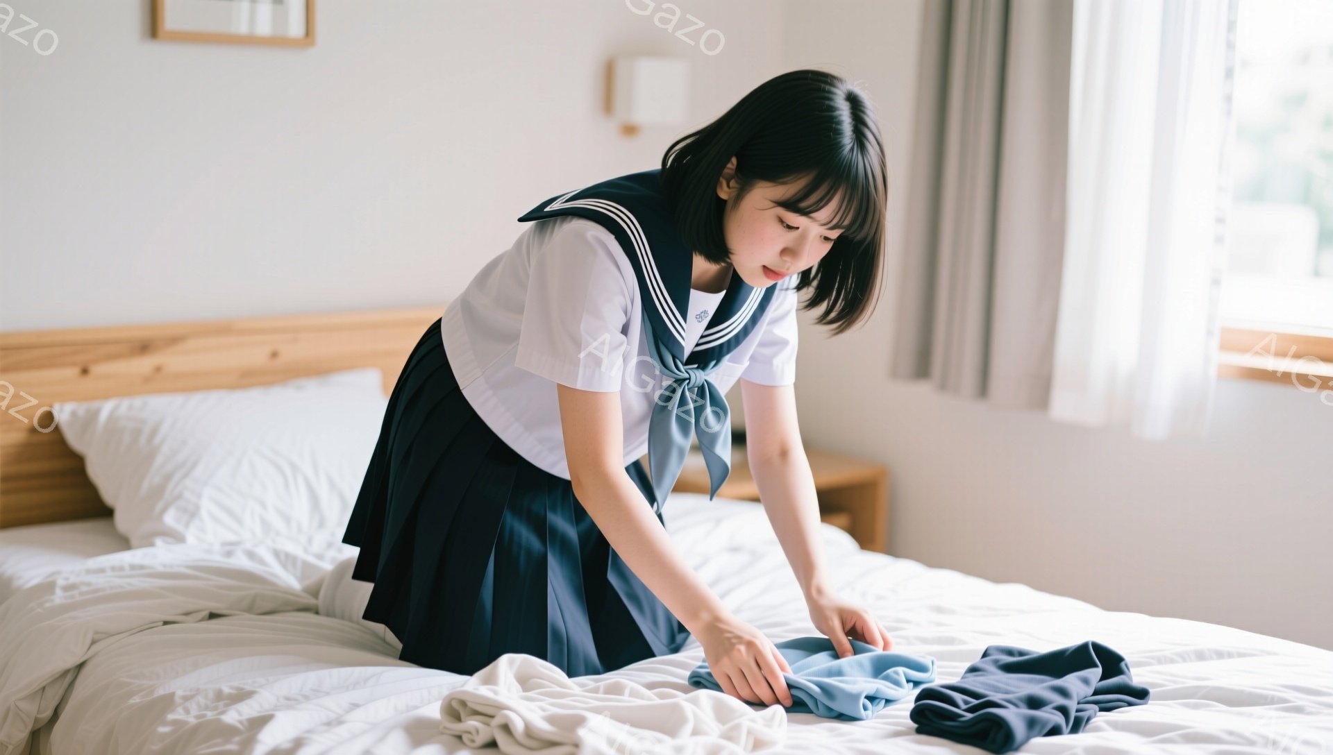 制服姿の女子学生が、ベッドの上に置かれた洗濯物を畳んでいる。彼女は濃い色のカーディガンとプリーツスカートを着用し、髪は肩にかかる長さで前髪が目にかかっている。室内は明るく、背景には白いカーテンと木製のベッドフレームが見え、穏やかで日常的な雰囲気が漂っている。