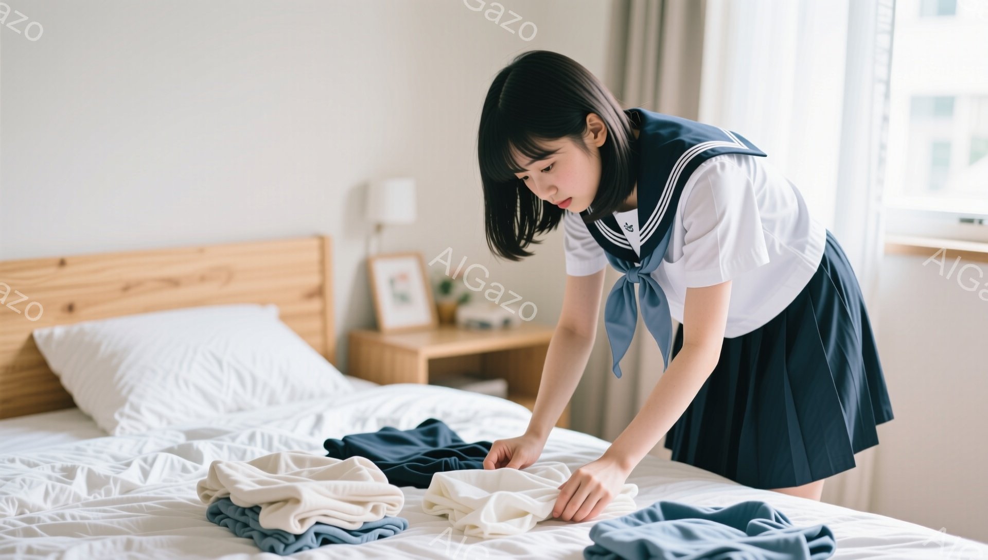 制服姿の女子高生がベッドの上で洗濯物を畳んでいる。彼女は紺色のリボンとスカート、白いブラウスを着ており、ダークブラウンの髪を肩下まで伸ばしている。部屋は明るく、窓から自然光が差し込み、ベッドサイドテーブルの上に置かれた写真立てやランプが生活感を演出している。