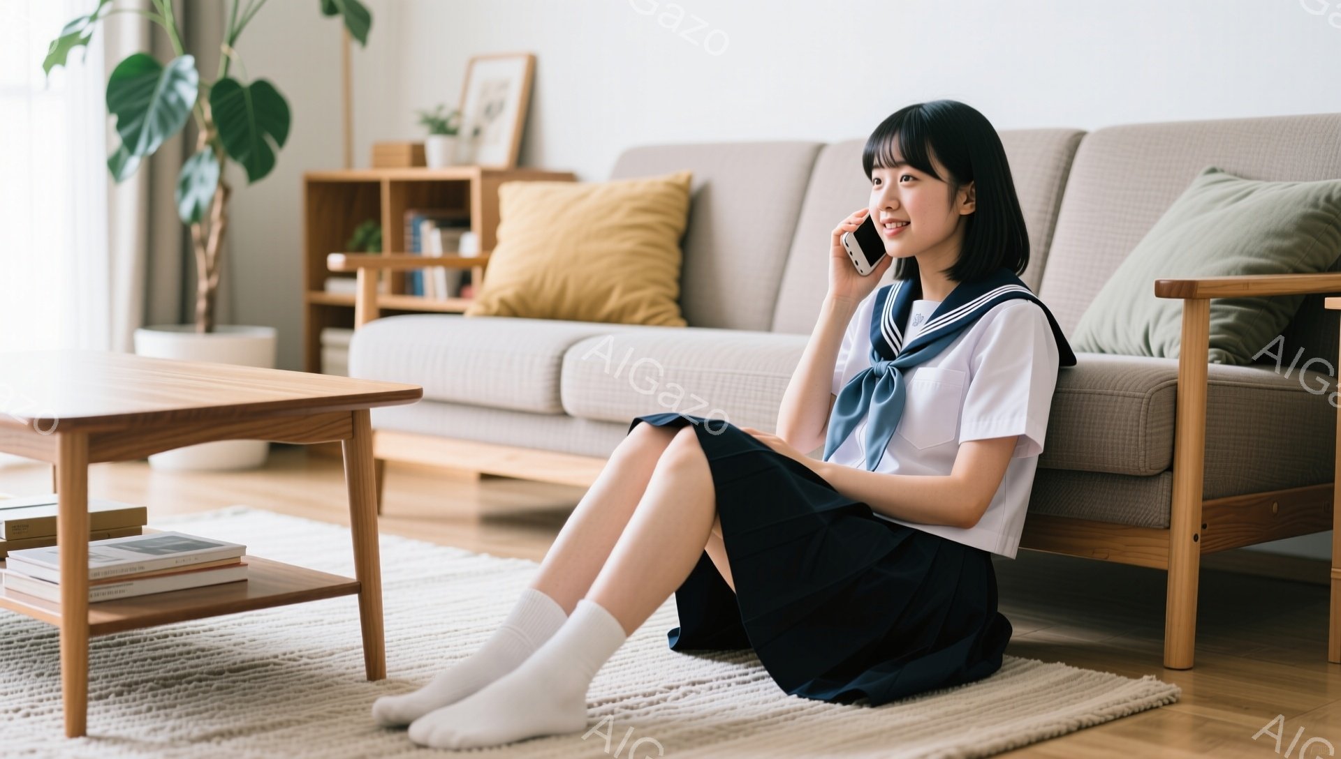 制服を着た若い女性が、明るいリビングルームの床に座ってスマートフォンで話しています。彼女は白い靴下を履いており、黒いスカートとセーラー服の上着を着ています。背景にはグレーのソファ、木のコーヒーテーブル、そして観葉植物があり、暖かく居心地の良い雰囲気が漂っています。