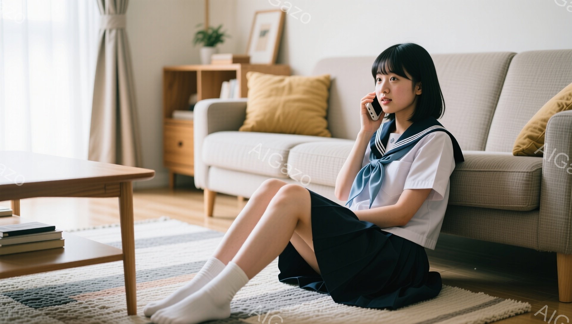 若い女性がフローリングの床に座り、スマートフォンで電話をしています。彼女は制服のような青いスカートと白いブラウスを着ており、白いソックスを履いています。背景には、シンプルなデザインのソファ、棚、そして柔らかい光が差し込む窓が見え、落ち着いた家庭的な雰囲気が漂っています。