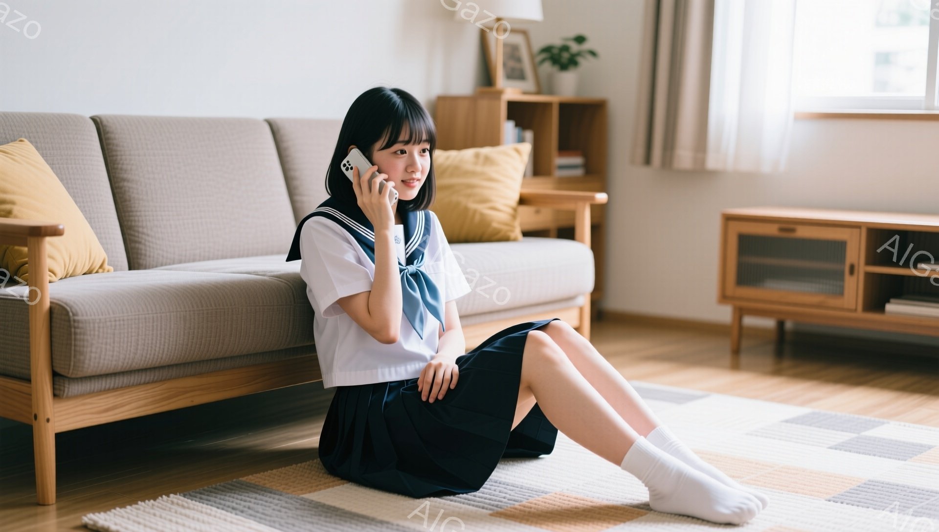制服を着た若い女性が床に座り、スマートフォンで電話をしています。彼女は黒髪のボブスタイルで、少し微笑んでいます。背景には、ベージュのソファと木製のキャビネットがあり、日当たりの良いリビングルームの穏やかな雰囲気が漂っています。