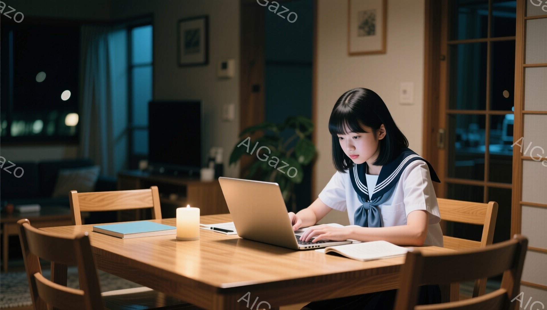 制服を着た少女がダイニングテーブルでノートパソコンを使用している。彼女は黒髪のショートヘアで、集中してキーボードを見つめている。背景にはリビングルームが見え、暗い室内にはキャンドルが灯っており、勉強に励む真剣な雰囲気が漂っている。