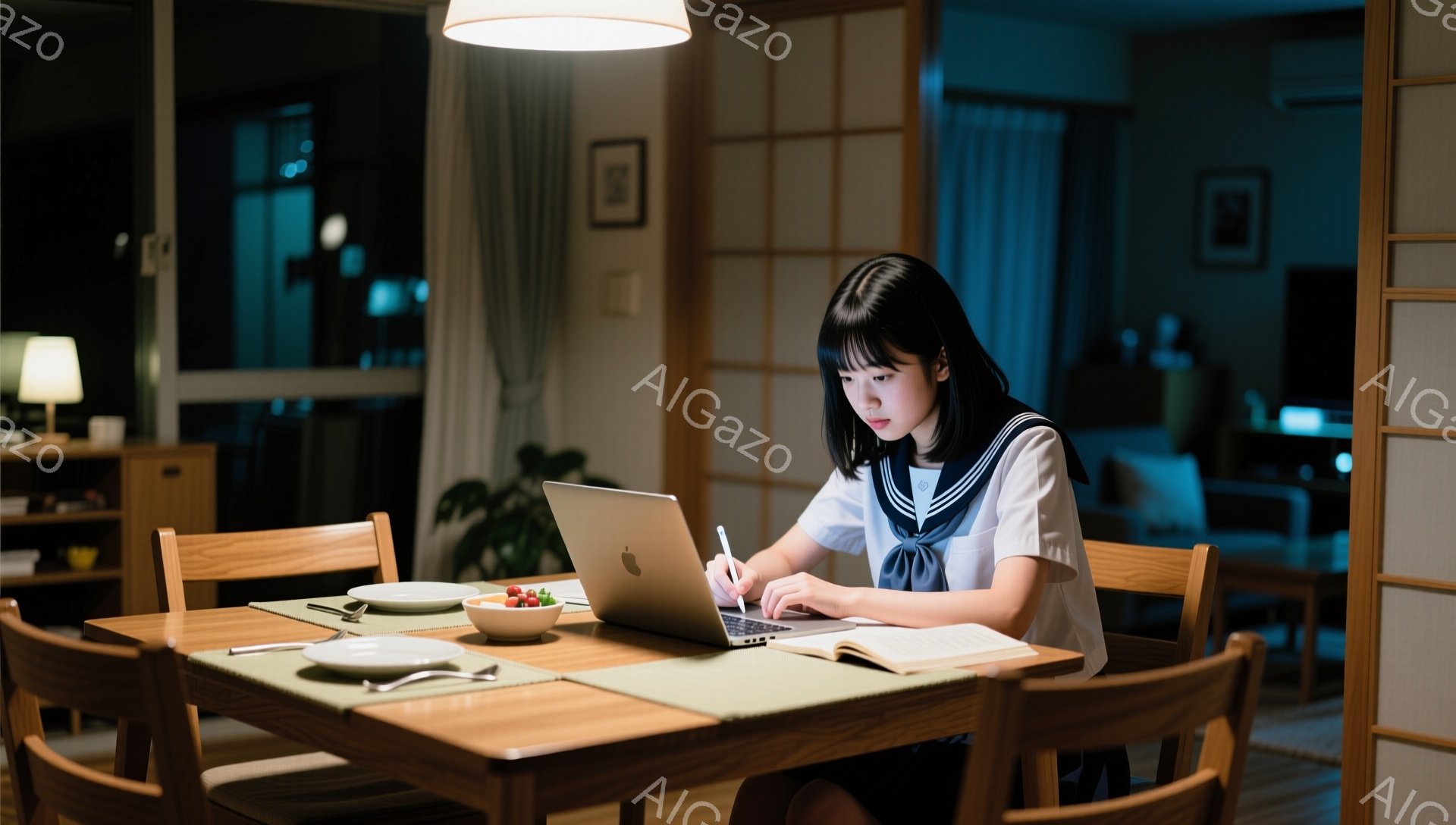 紺色のセーラー服を着た少女が、食卓でノートパソコンに向かっています。彼女は黒髪のストレートヘアで、真剣な表情でパソコンを操作しています。背景には、リビングルームがあり、暖色系の照明が灯っており、落ち着いた雰囲気が漂っています。