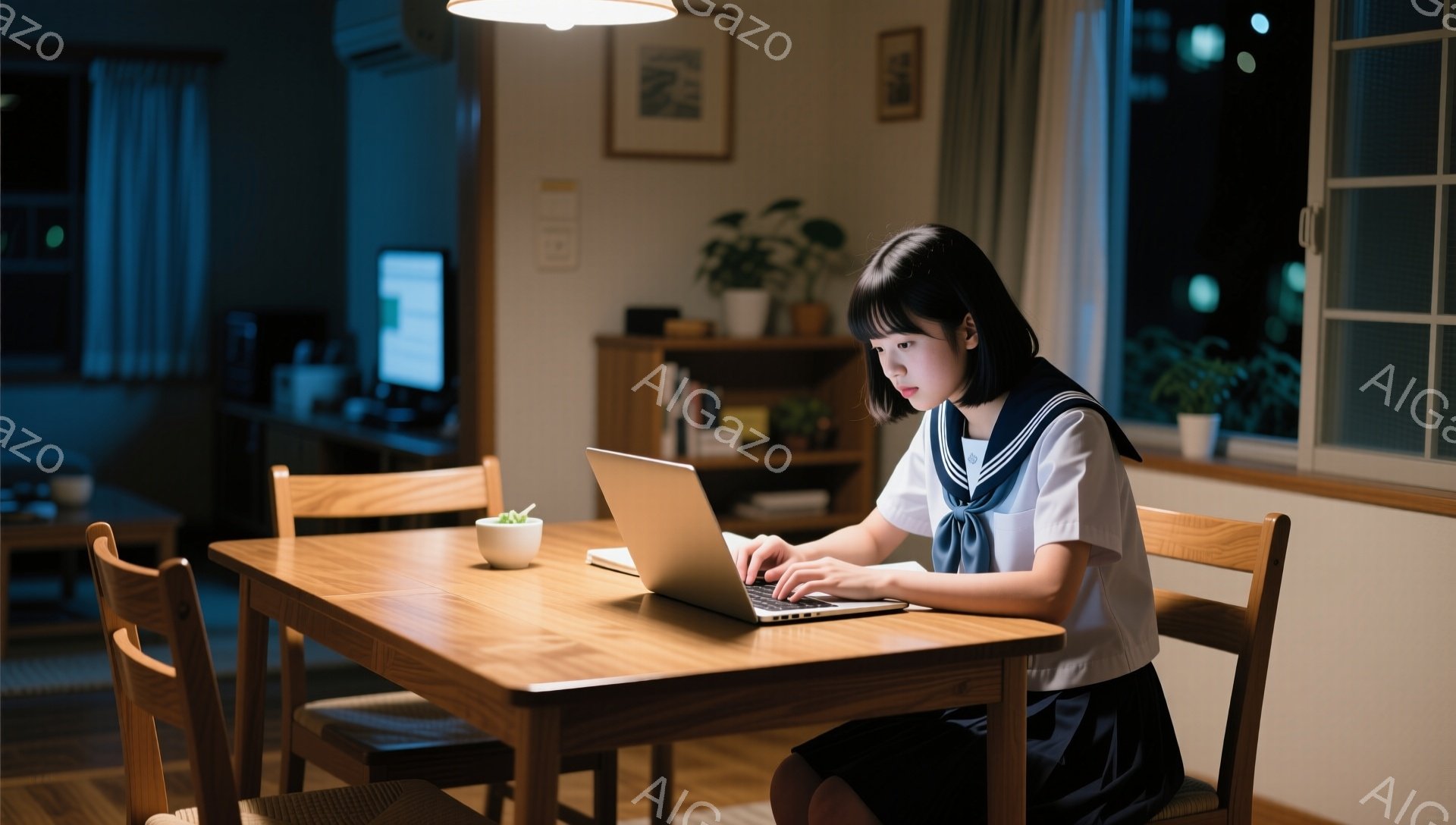 明るい色の制服に身を包んだ少女が、ダイニングテーブルでノートパソコンを操作している。彼女は長い黒髪を後ろで一つにまとめ、集中した表情でキーボードを見つめている。背景には、植物や本が並んだ棚があり、窓の外は夜景が広がり、暖かく落ち着いた雰囲気である。