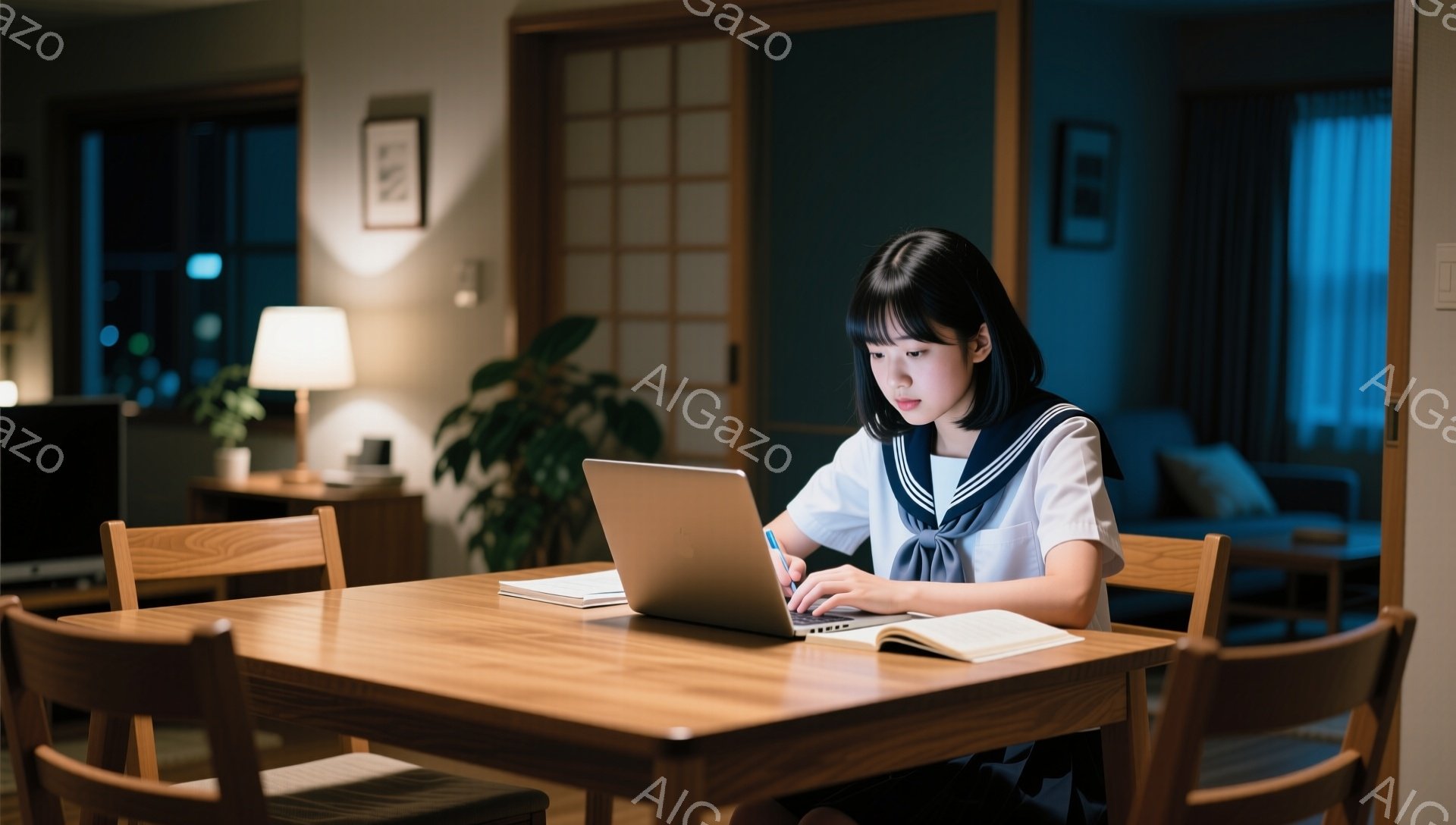 制服姿の女子高生が、ダイニングテーブルでノートパソコンに向かって何かを入力している様子が写っている。彼女は黒髪を肩まで伸ばし、少し眉間にしわを寄せ集中している表情だ。背景には、和室の引き戸やソファー、間接照明が見え、落ち着いた夜の雰囲気を醸し出している。