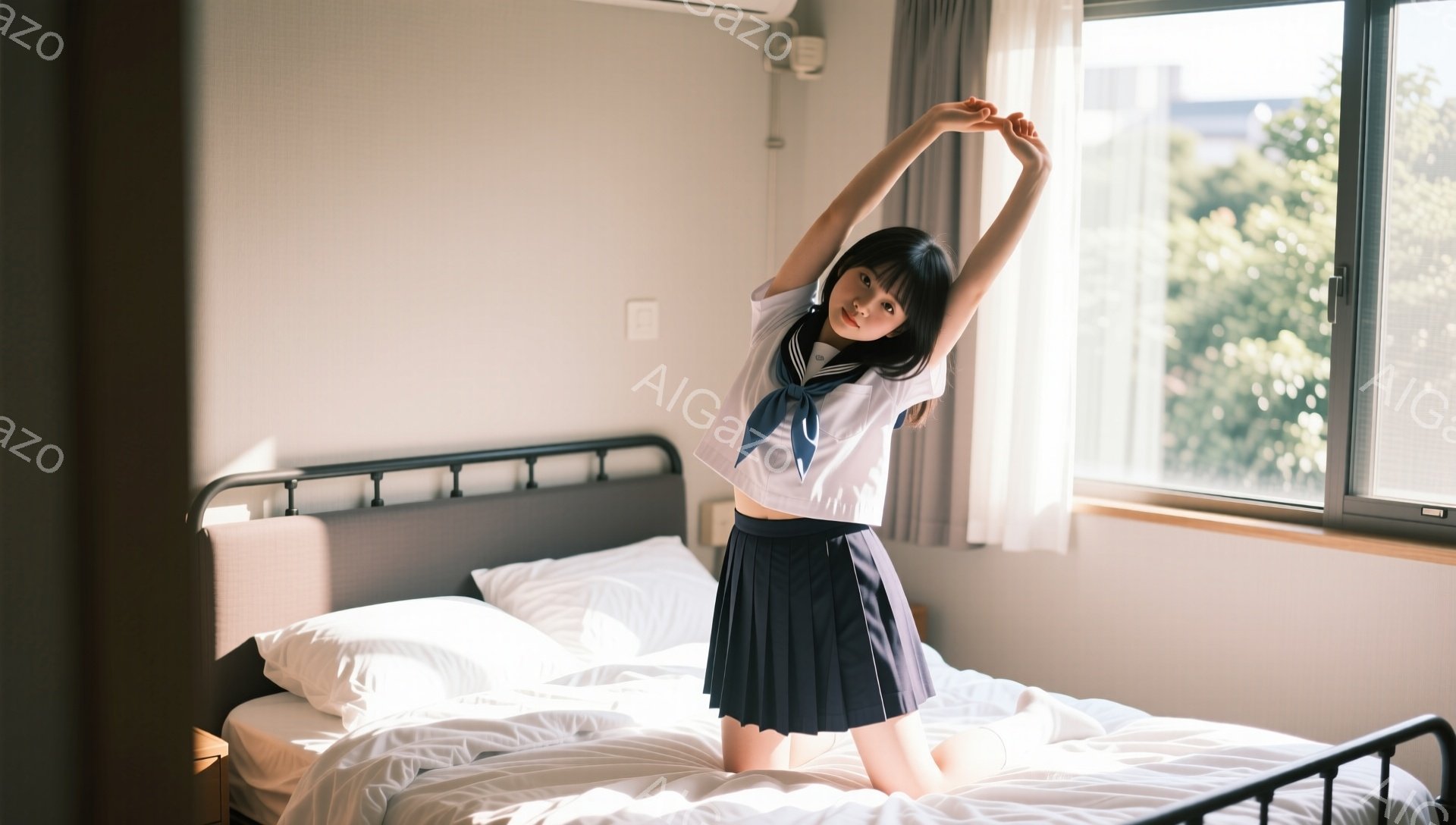 明るい部屋のベッドの上で、セーラー服を着た少女が両手を高く上げて伸びをしています。彼女は黒髪で、前髪が目にかかっています。背景には窓から差し込む光があり、外には建物が見えます。