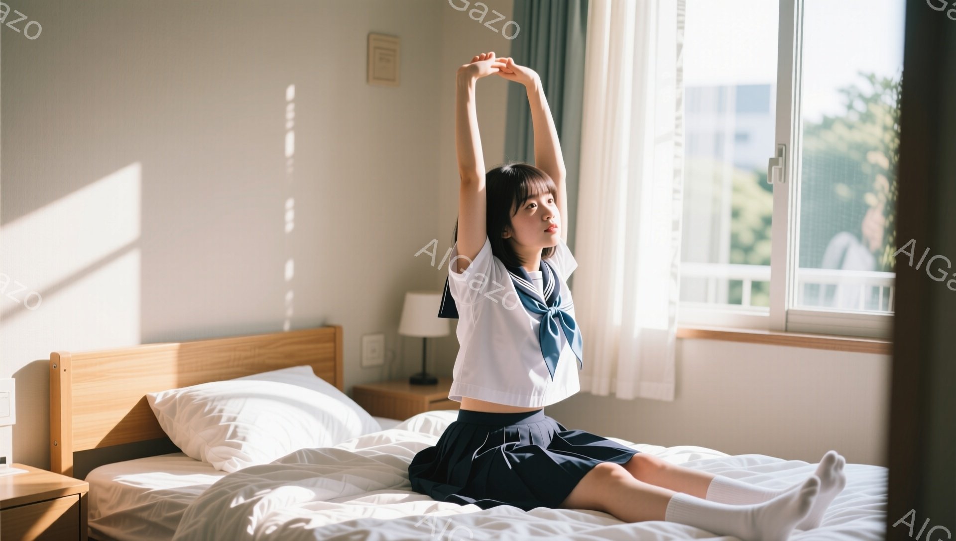 明るい部屋で、セーラー服を着た若い女性がベッドに座って伸びをしています。彼女は黒髪で、前髪を少し横に流し、表情はリラックスしており、少し微笑んでいます。背景には窓から差し込む光があり、外には建物が見え、穏やかな日の出または日中の雰囲気が漂っています。