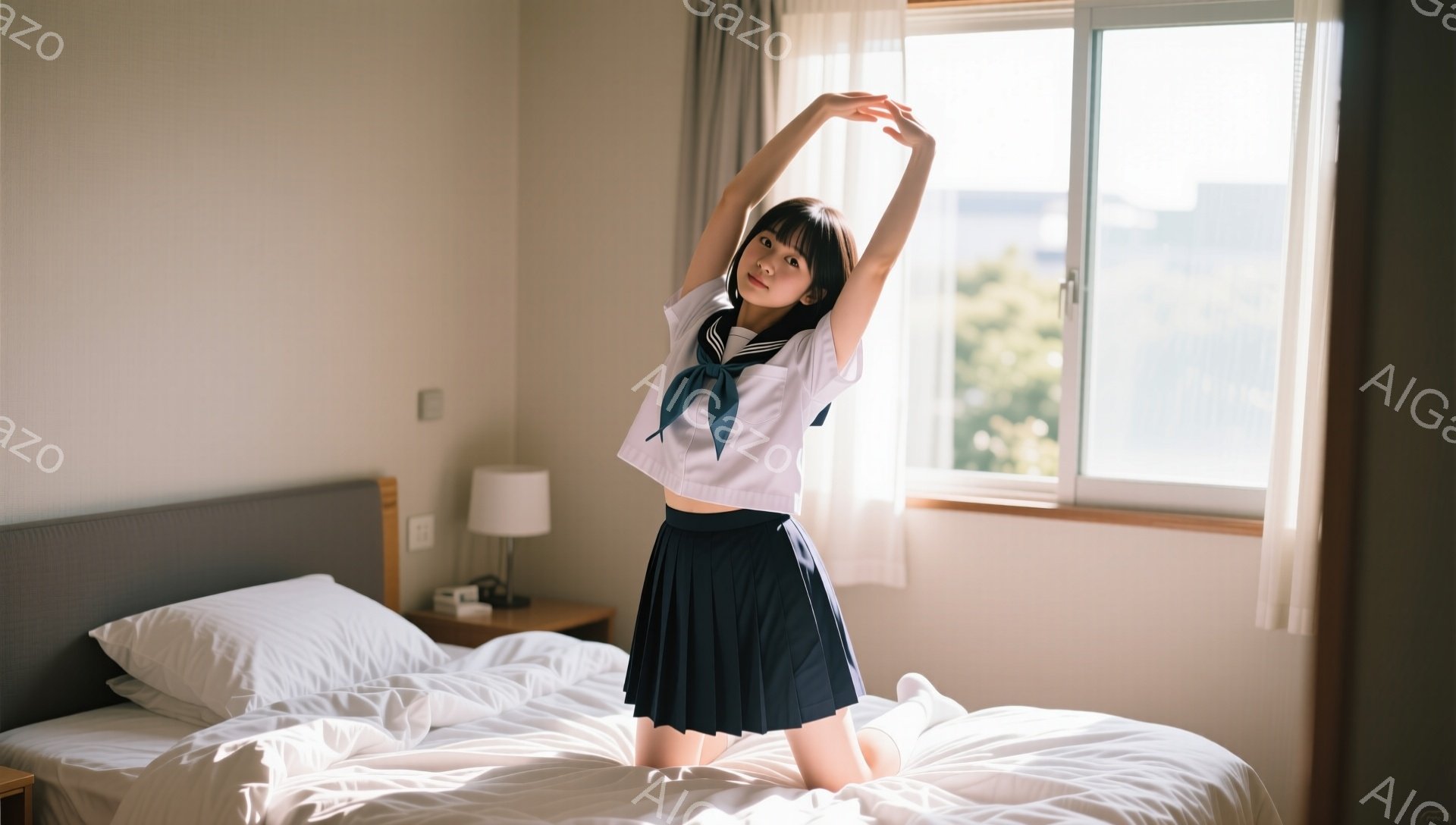制服姿の女子高生が、ベッドの上で伸びをしています。紺色のリボンと白いブラウス、プリーツスカートが特徴的で、髪は肩までの長さでストレートです。窓からは光が差し込み、明るい室内が映し出され、背景には建物が見えます。