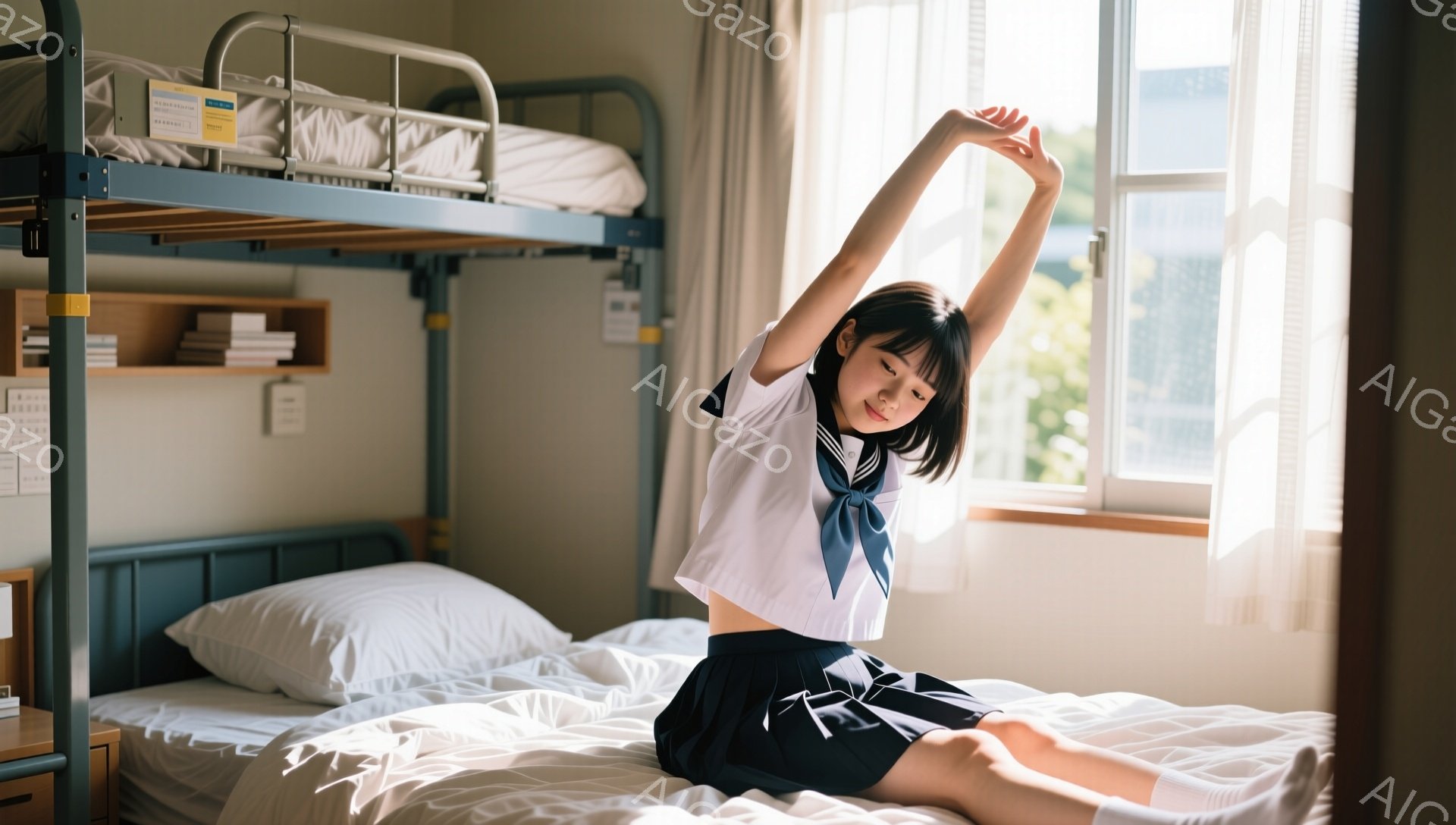 少女は白い寝室のベッドに座り、ストレッチをしている。紺色のリボンと白いブラウス、チェックのスカートという制服姿で、短い黒髪をなびかせている。背景には二段ベッドがあり、明るい日差しが差し込み、清潔感のある空間が広がっている。